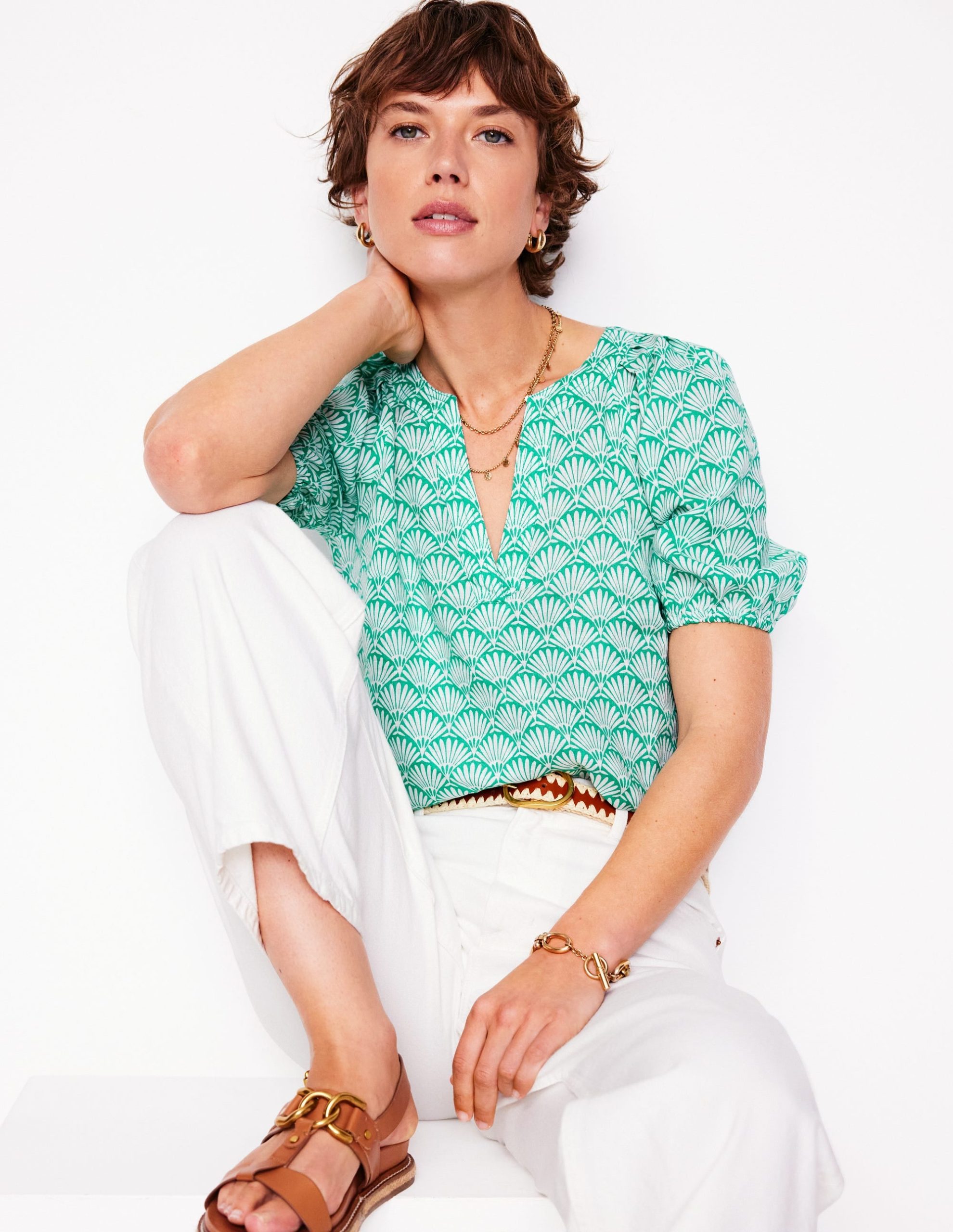 Brooke Linen Top-Aquamarine. Deco Palm