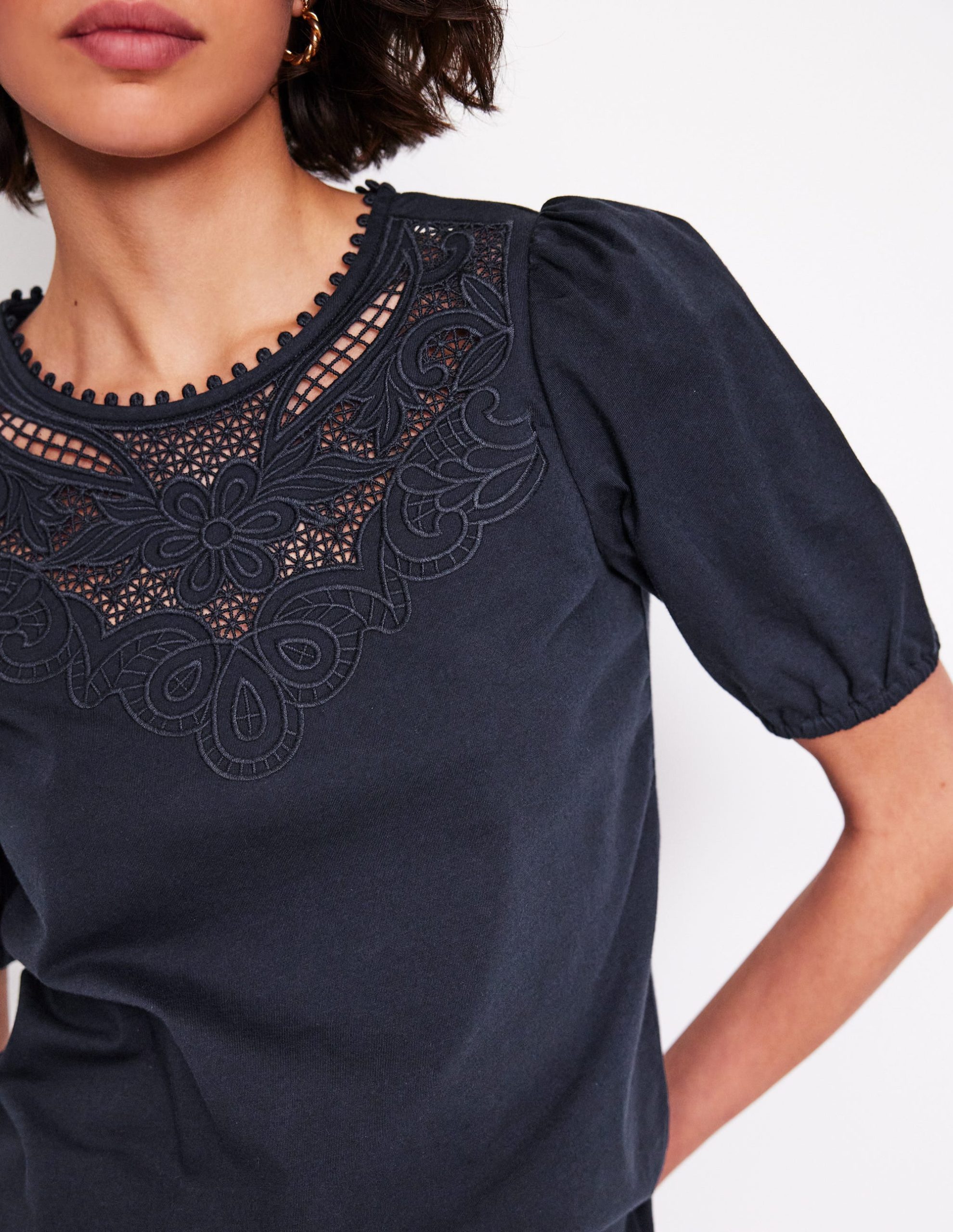 Cutwork Puff Sleeve T-Shirt-Navy - Image 2
