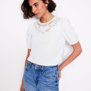 Cutwork Puff Sleeve T-Shirt-White
