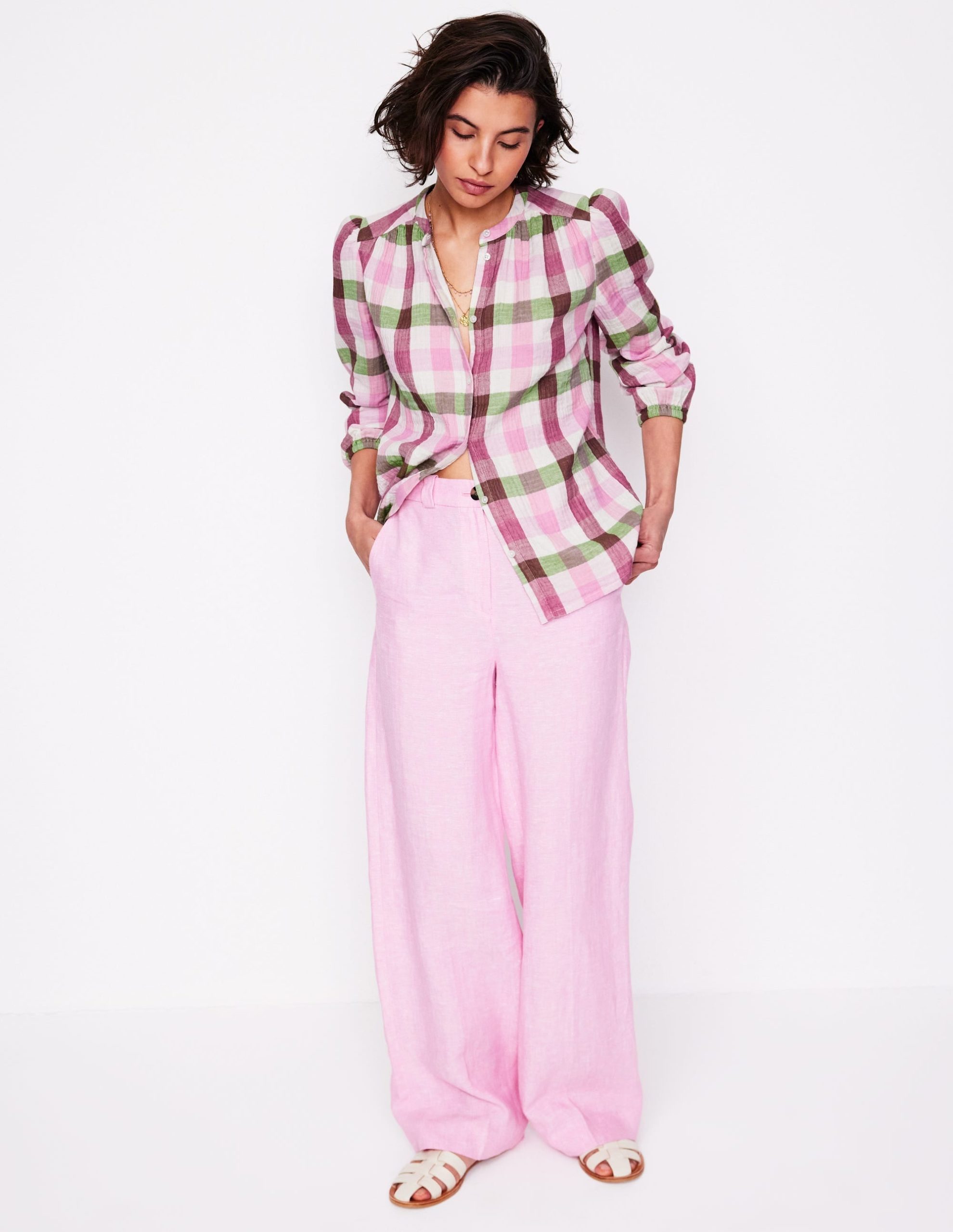 Gingham Double Cloth Top-Pink and Green Gingham - Image 4