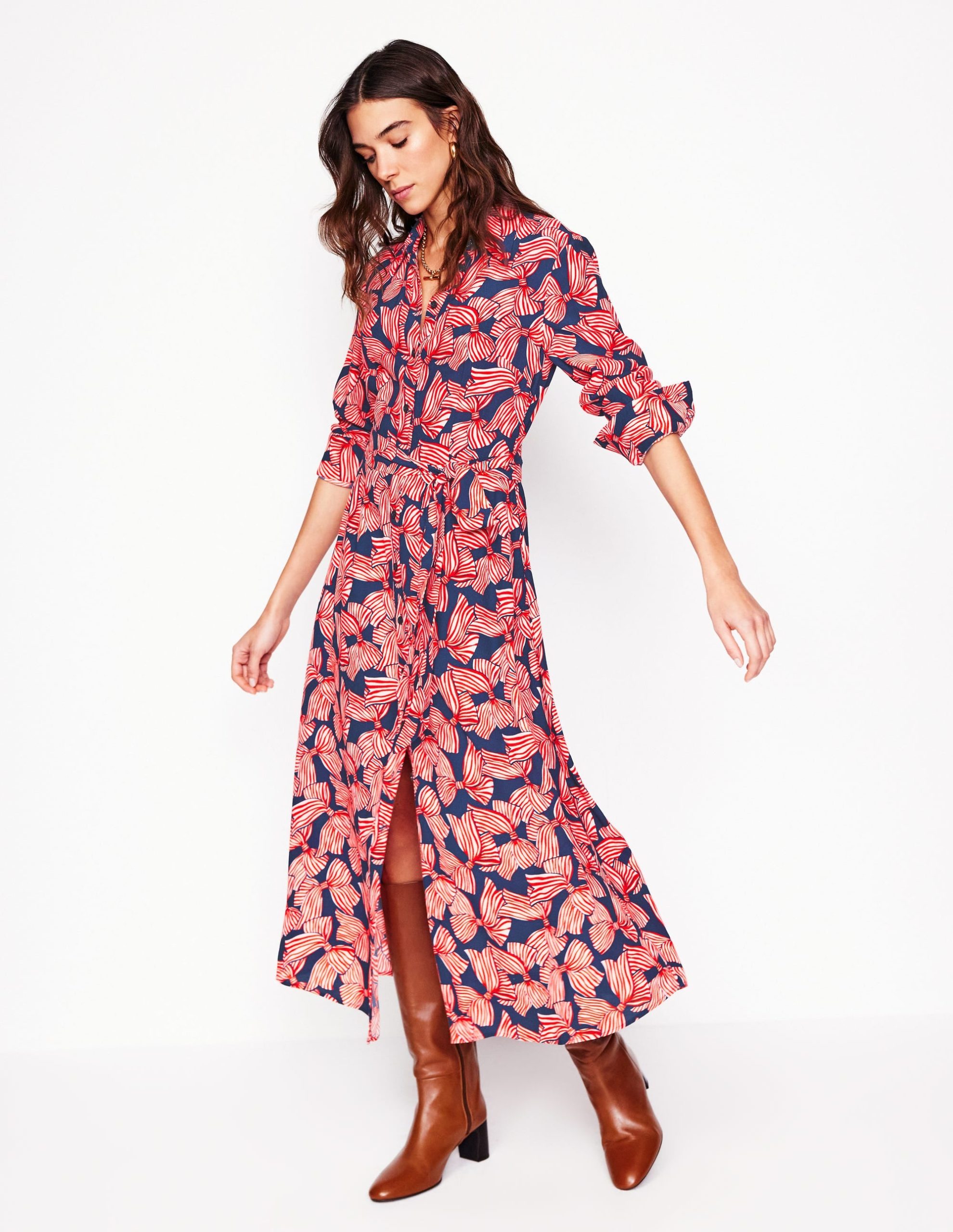 Kate Midi Shirt Dress-French Navy. Bow Scatter - Image 2