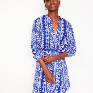 Cleo Linen Tie Waist Dress-Bright Blue. Ornate Border
