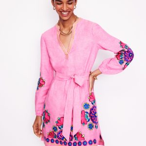 Cleo Linen Tie Waist Dress-Pink Chambray Embroidery