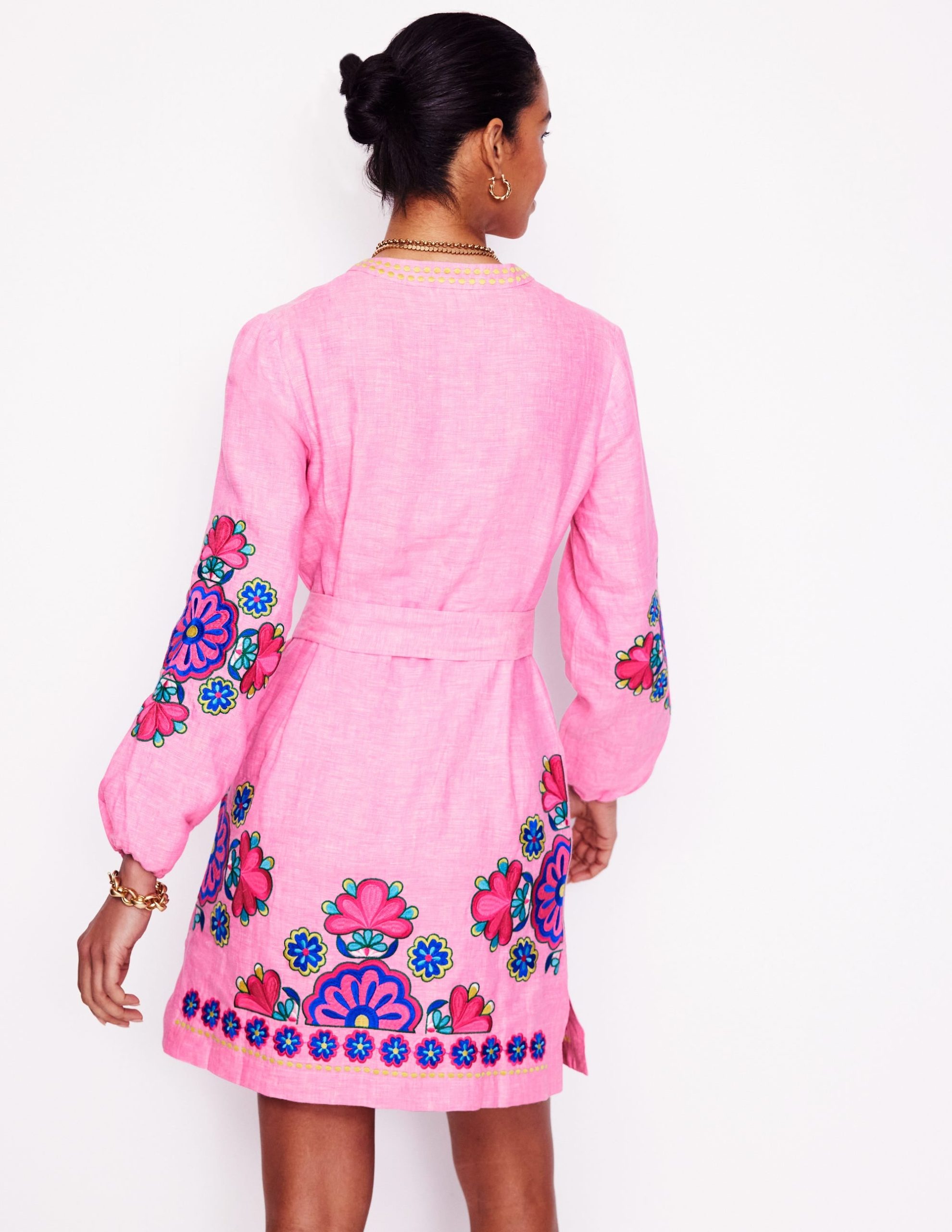 Cleo Linen Tie Waist Dress-Pink Chambray Embroidery - Image 4