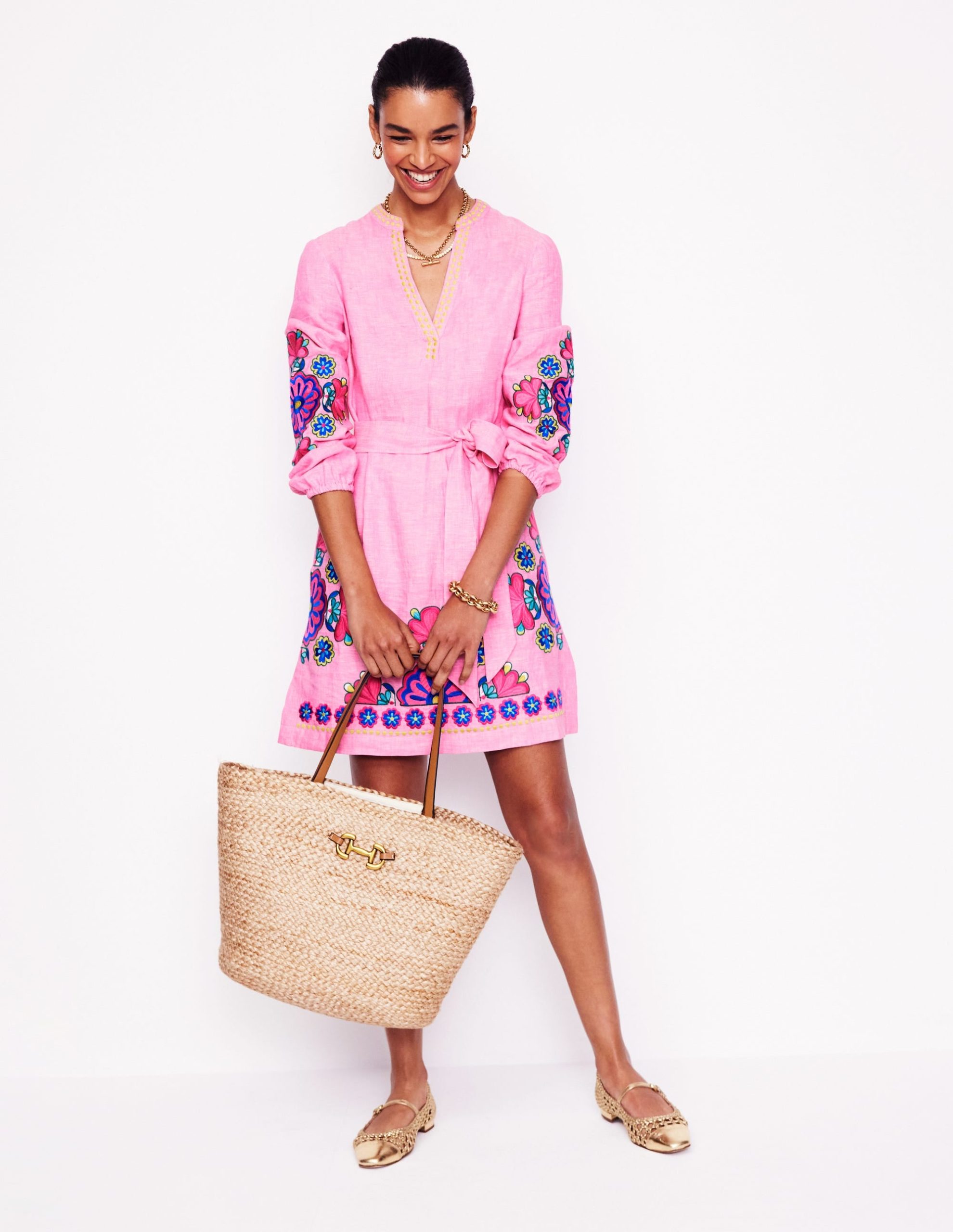 Cleo Linen Tie Waist Dress-Pink Chambray Embroidery - Image 5