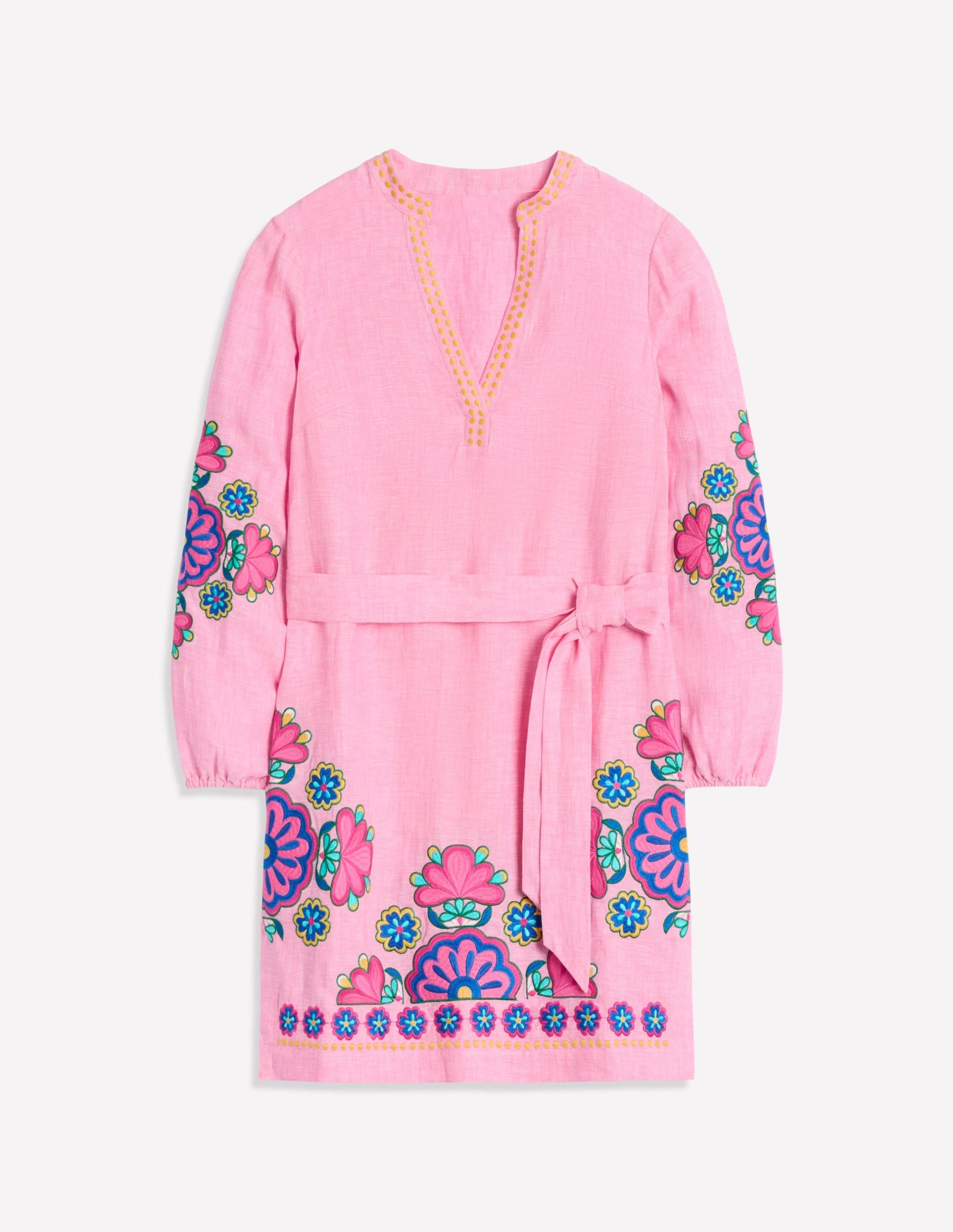 Cleo Linen Tie Waist Dress-Pink Chambray Embroidery - Image 6