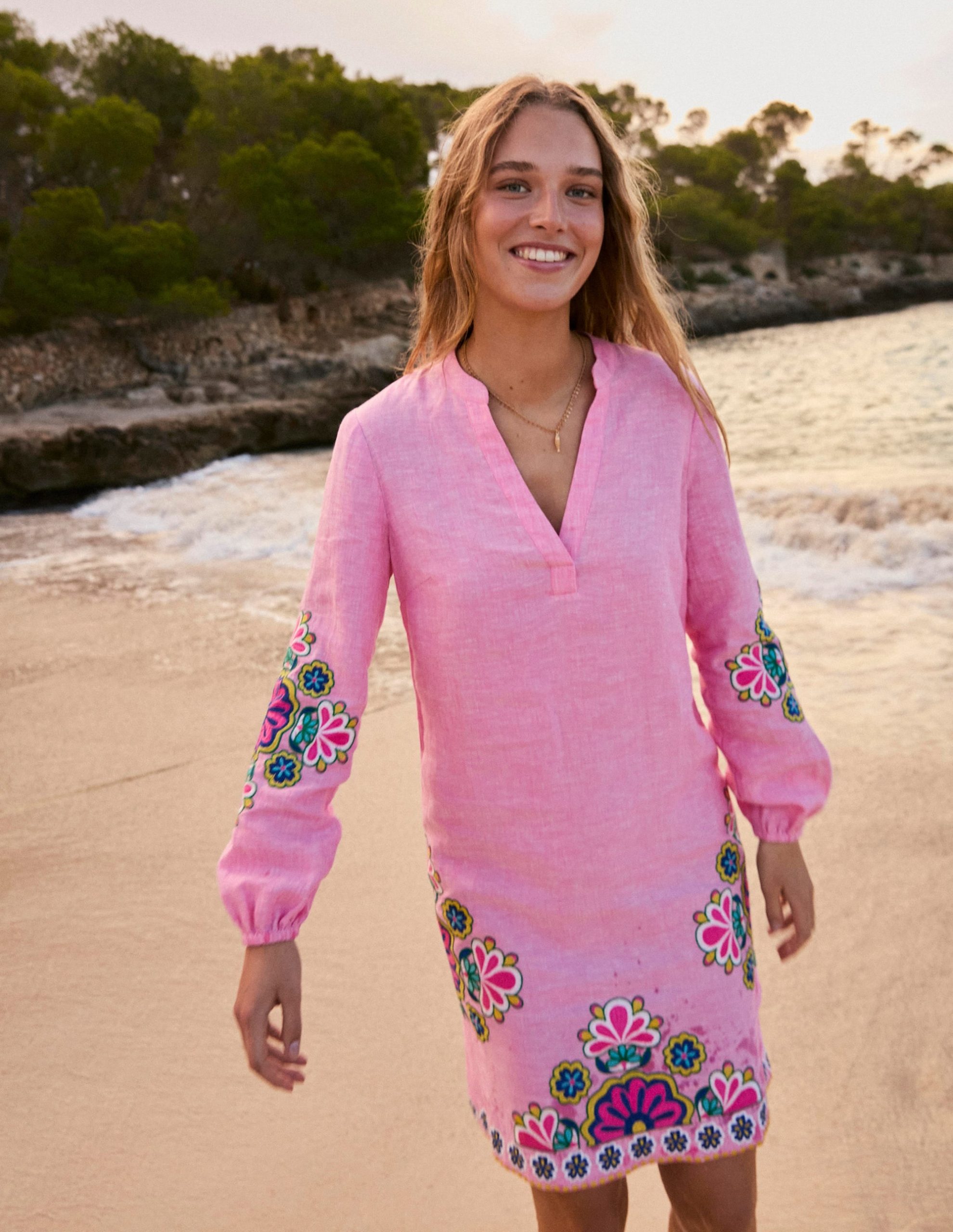 Cleo Linen Tie Waist Dress-Pink Chambray Embroidery - Image 2