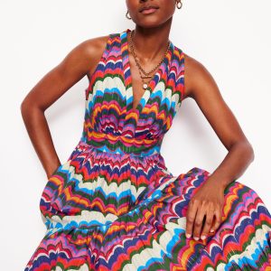 Serena Cotton Tie Maxi Dress-Multi. Abstract Wave