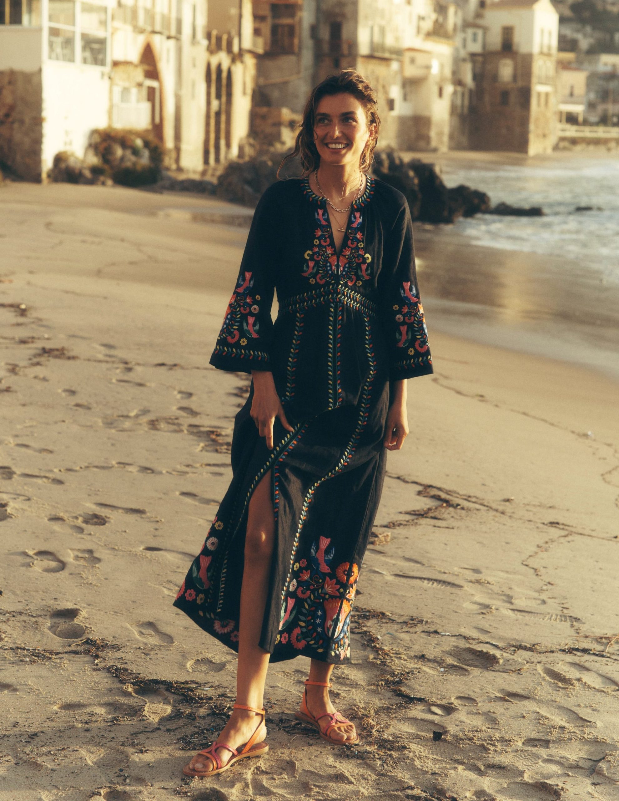 Una Linen Embroidered Dress-Navy. Multi Embroidery - Image 6