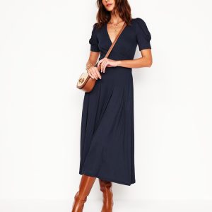 Kristen Pleated Jersey Dress-Navy