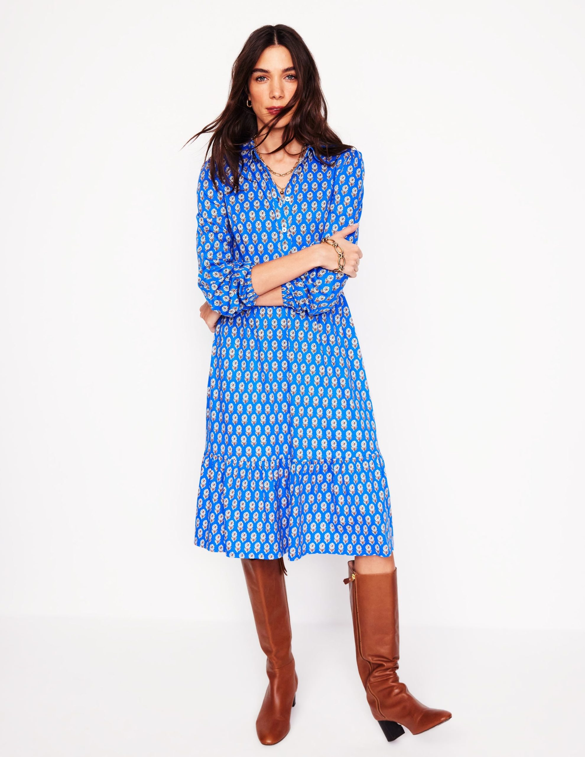 Jemima Tiered Jersey Dress-Gallery Blue. Camellia Stamp