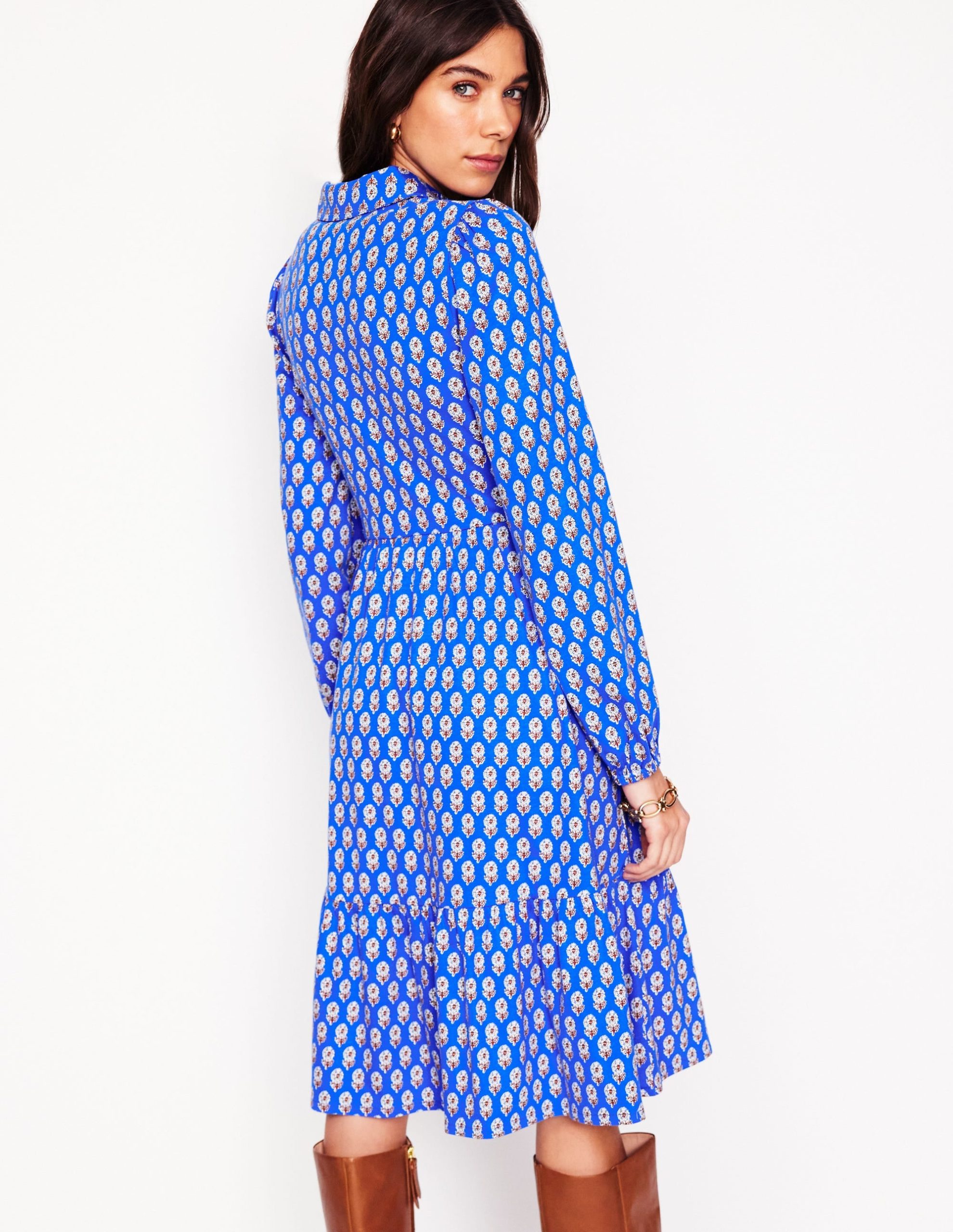 Jemima Tiered Jersey Dress-Gallery Blue. Camellia Stamp - Image 3