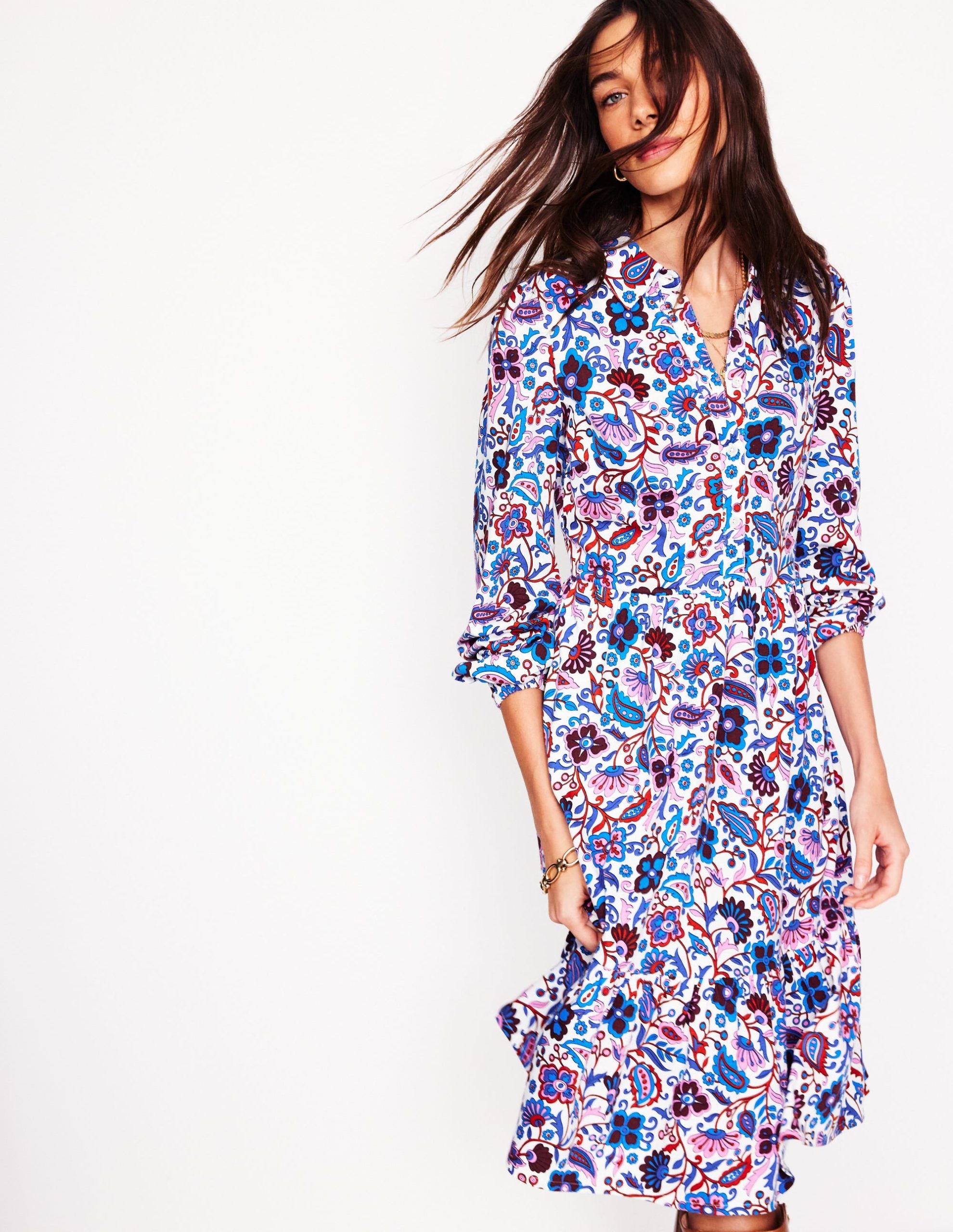 Jemima Tiered Jersey Dress-Ivory. Oriental Paradise