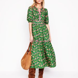 Rhea Embroidered Midi Dress-Green. Decorative Vine