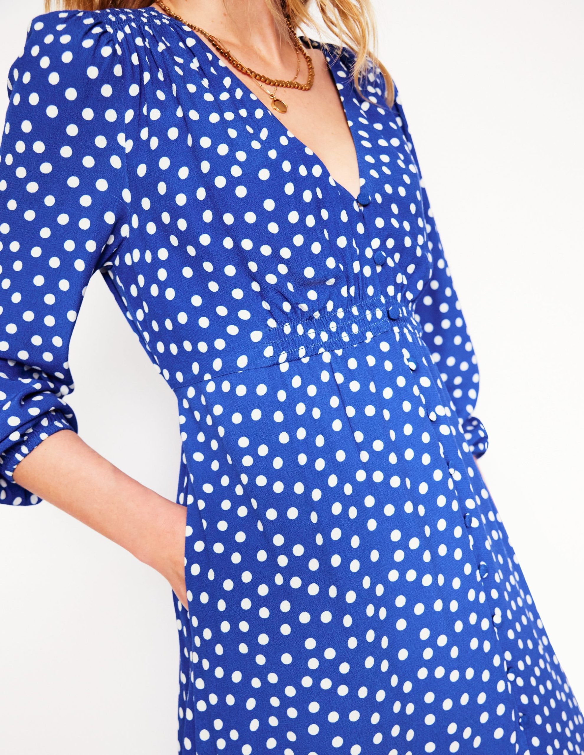Cynthia Button Tea Dress-Bright Blue. Abstract Dot - Image 3
