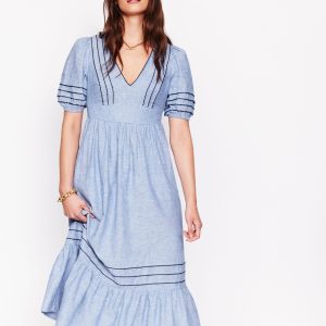 Smocked Waist Linen Dress-Grey Blue Chambray