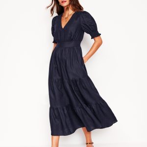 Anna Linen Tiered Midi Dress-Navy