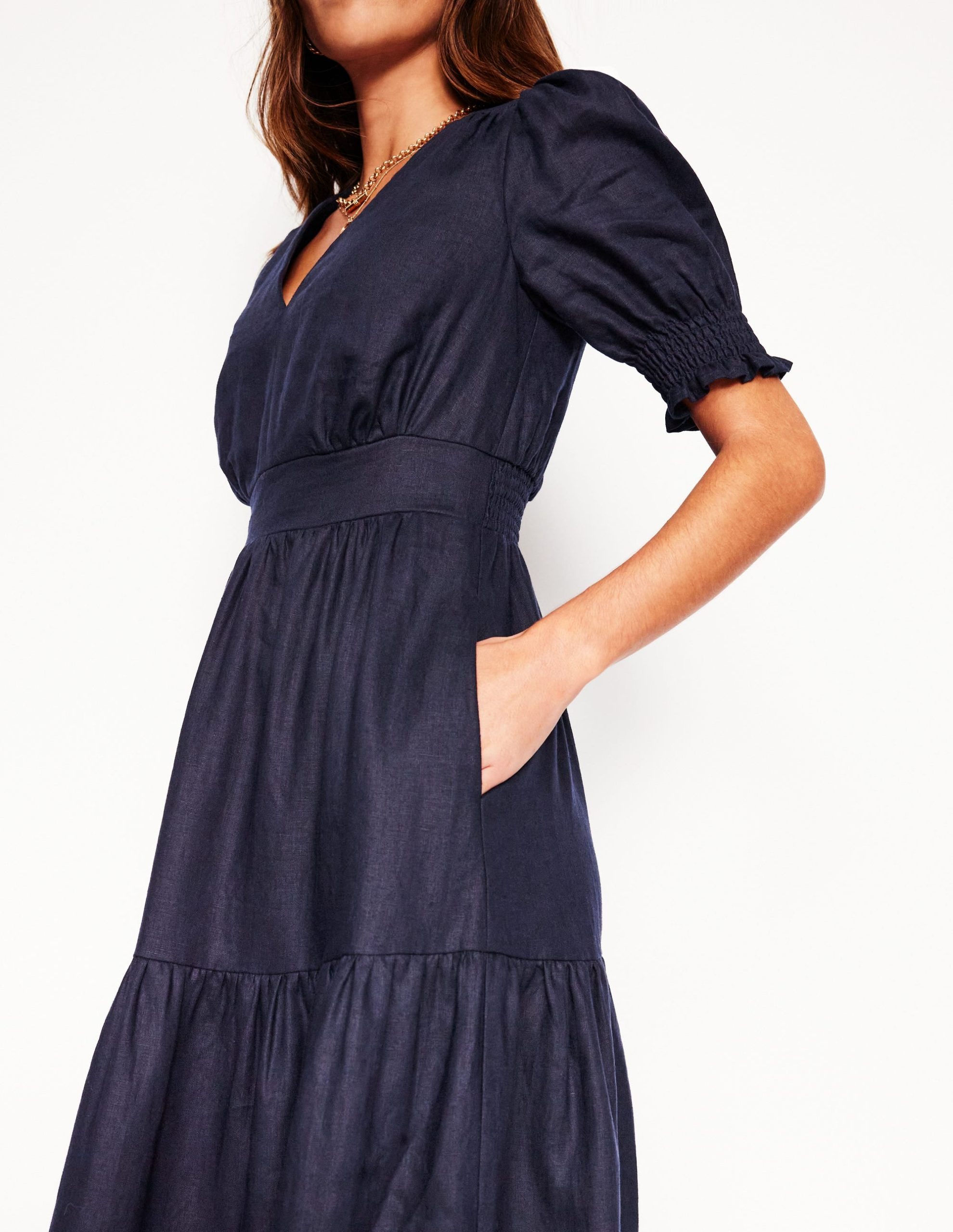 Anna Linen Tiered Midi Dress-Navy - Image 2