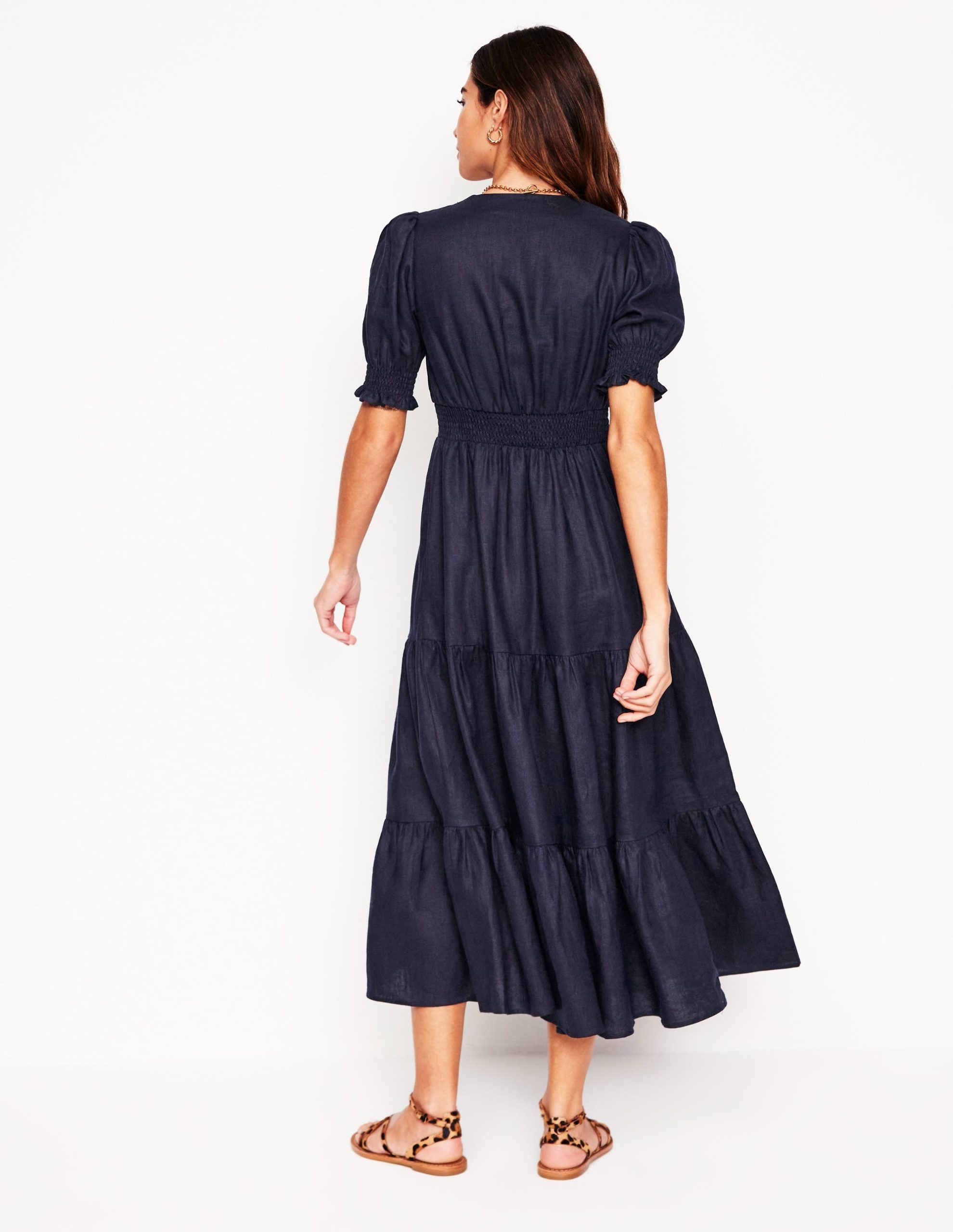 Anna Linen Tiered Midi Dress-Navy - Image 3