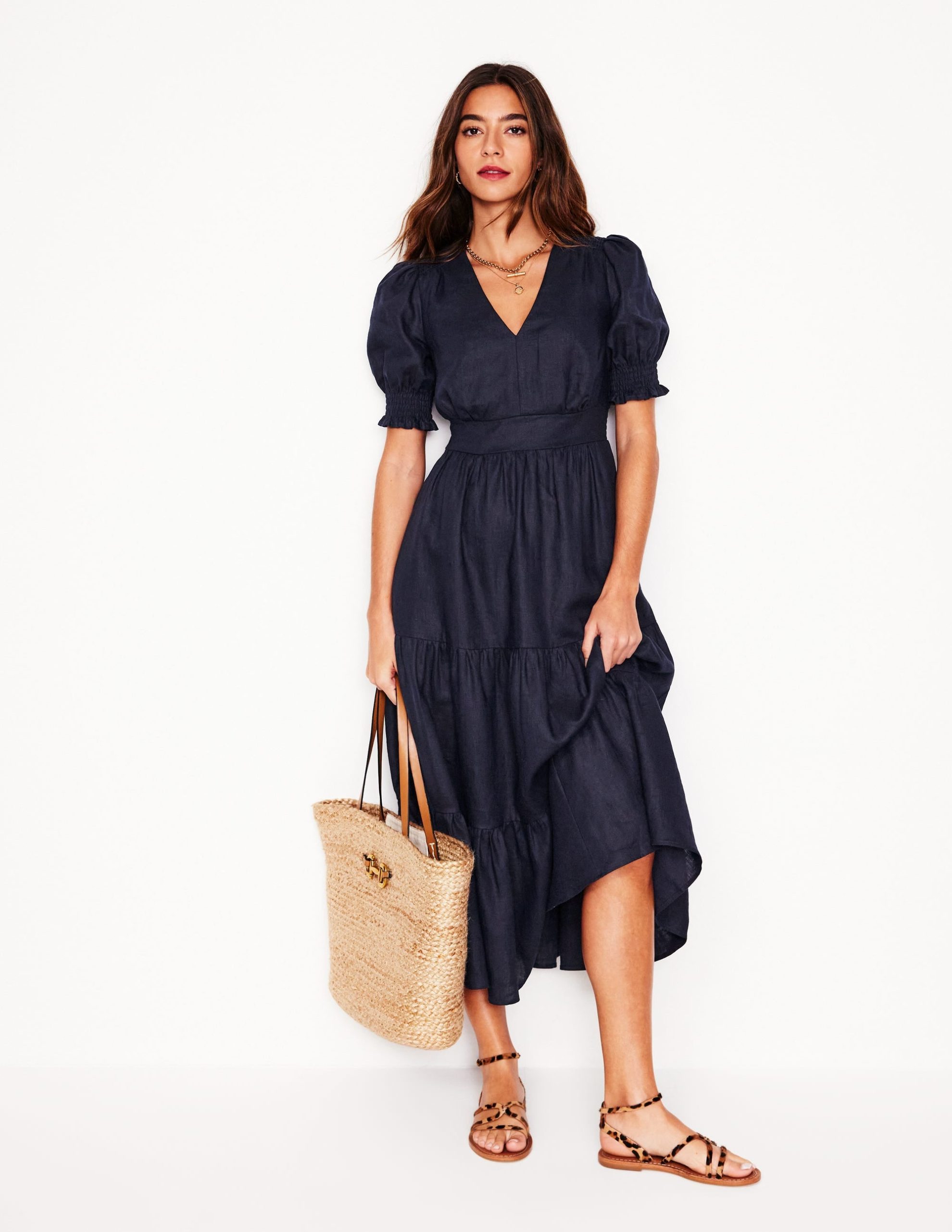 Anna Linen Tiered Midi Dress-Navy - Image 4