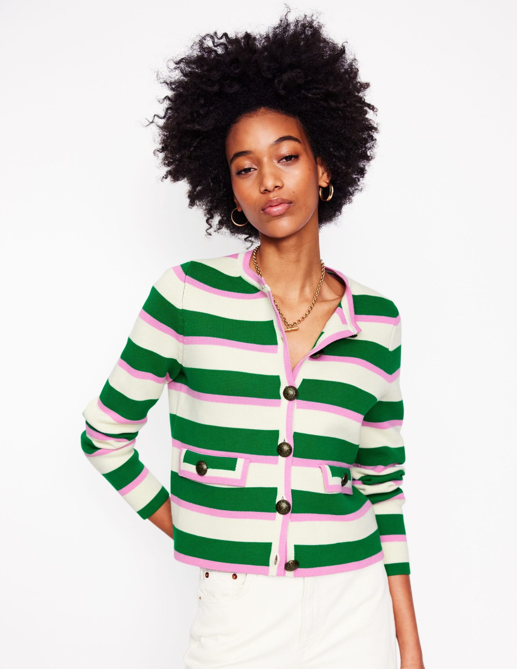 Holly Knitted Jacket-Rich Emerald. Pink Stripe