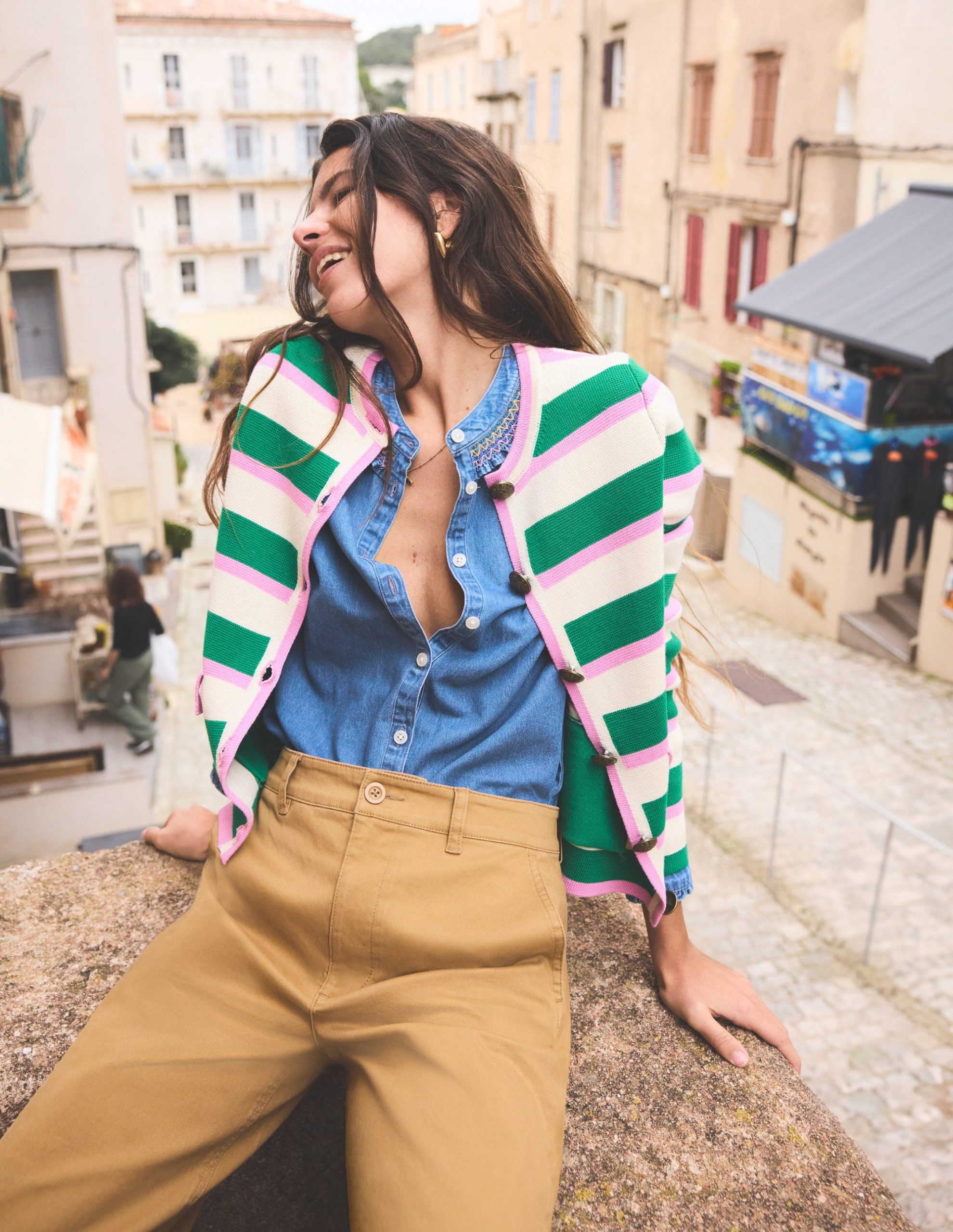 Holly Knitted Jacket-Rich Emerald. Pink Stripe - Image 2