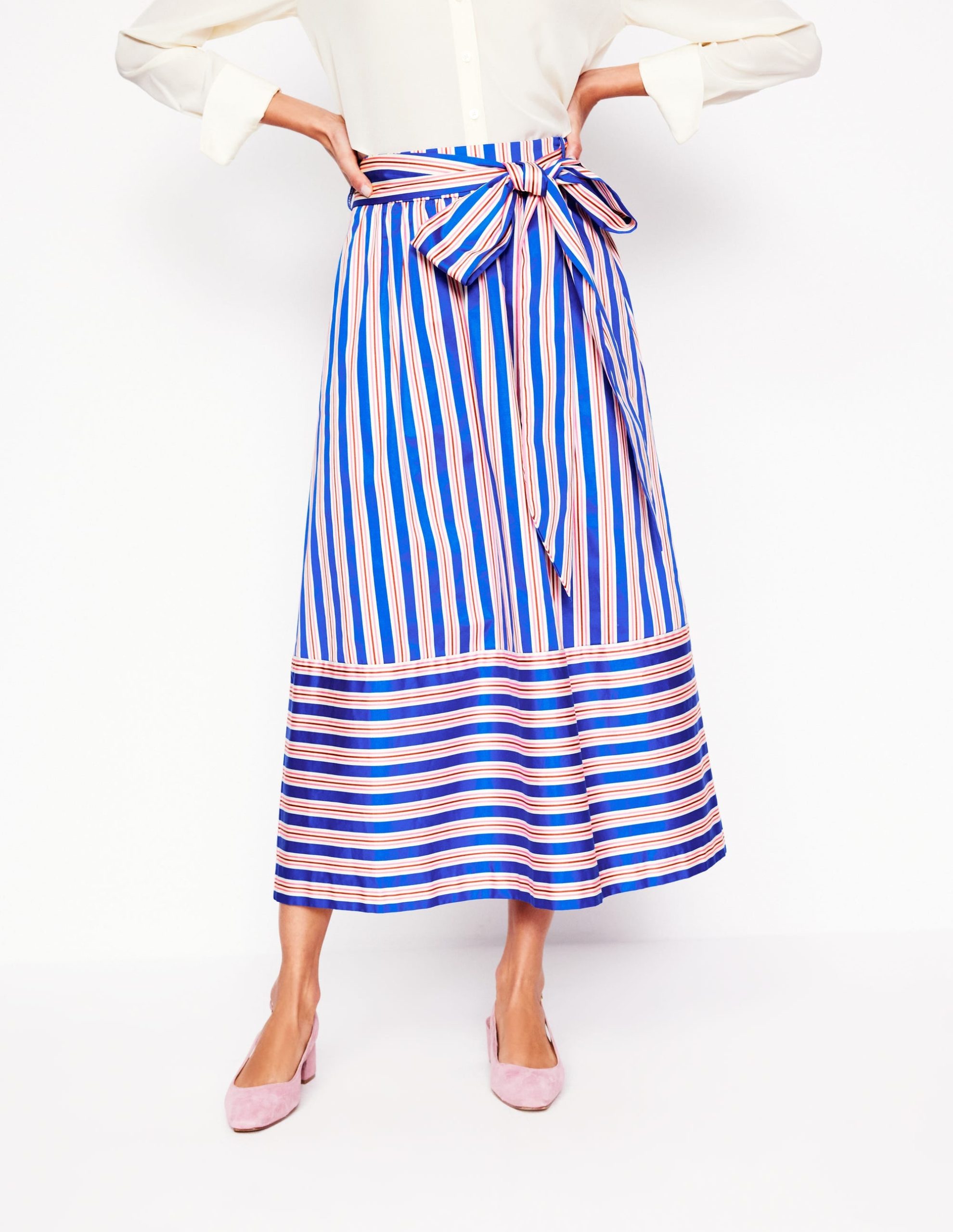 Tie Belt Sateen Midi Skirt-Blue and Terracotta Stripe - Image 2