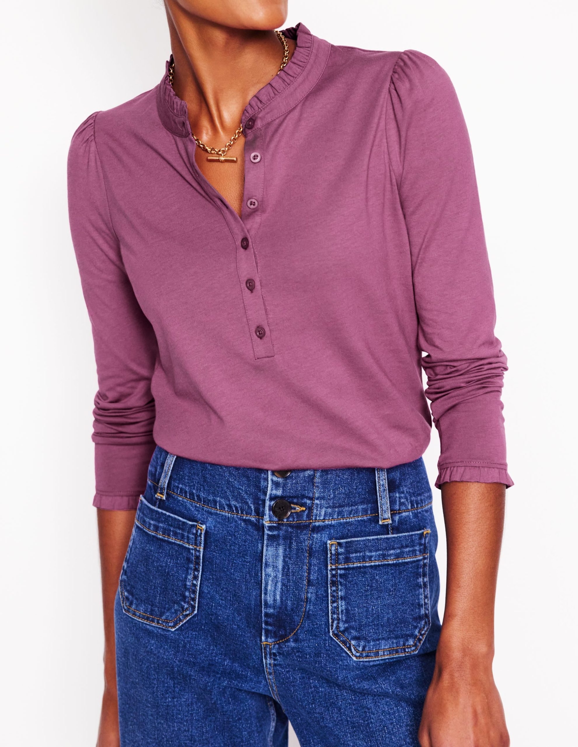 Supersoft Frill Henley Top-Purple Damson - Image 2