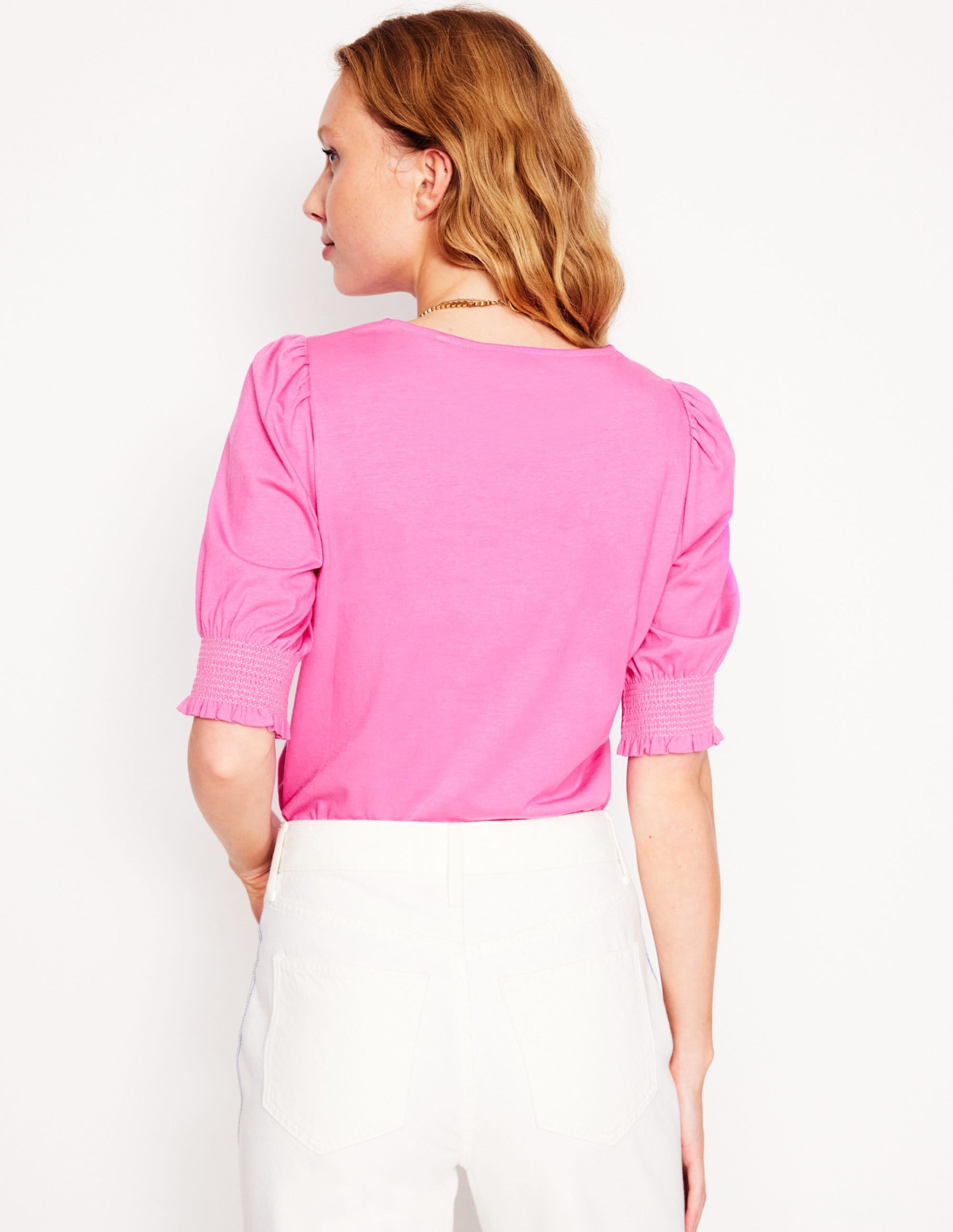 Short Sleeve Smocked Cuff Top-Tickled Pink - Image 3