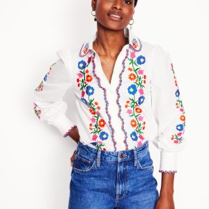 Embroidered Cotton Blouse-White. Floral Embroidery