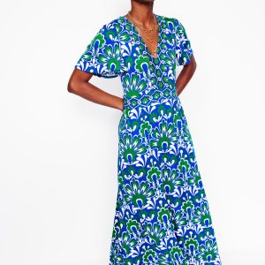 Ellie Flutter Maxi Tea Dress-Blue. Decorative Dandelion