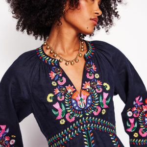 Una Linen Embroidered Dress-Navy. Multi Embroidery