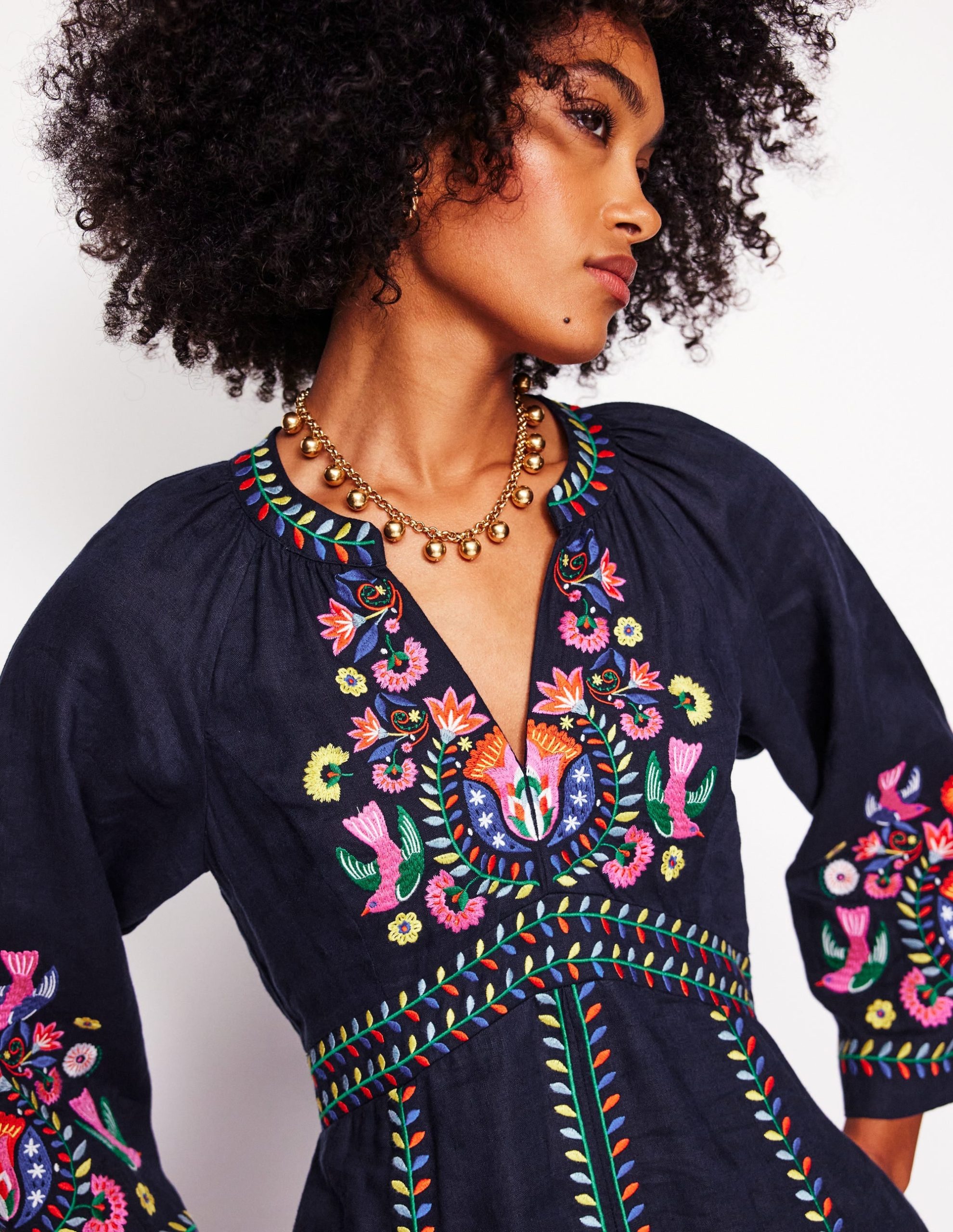 Una Linen Embroidered Dress-Navy. Multi Embroidery