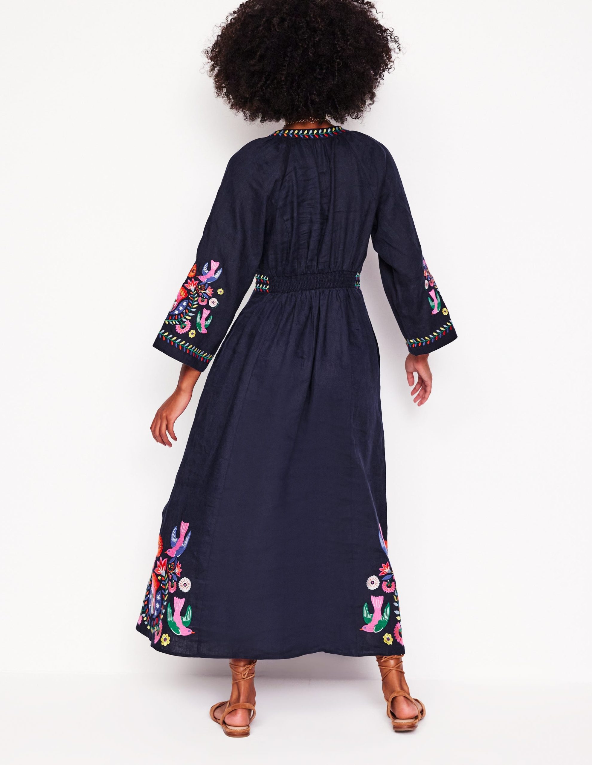 Una Linen Embroidered Dress-Navy. Multi Embroidery - Image 2