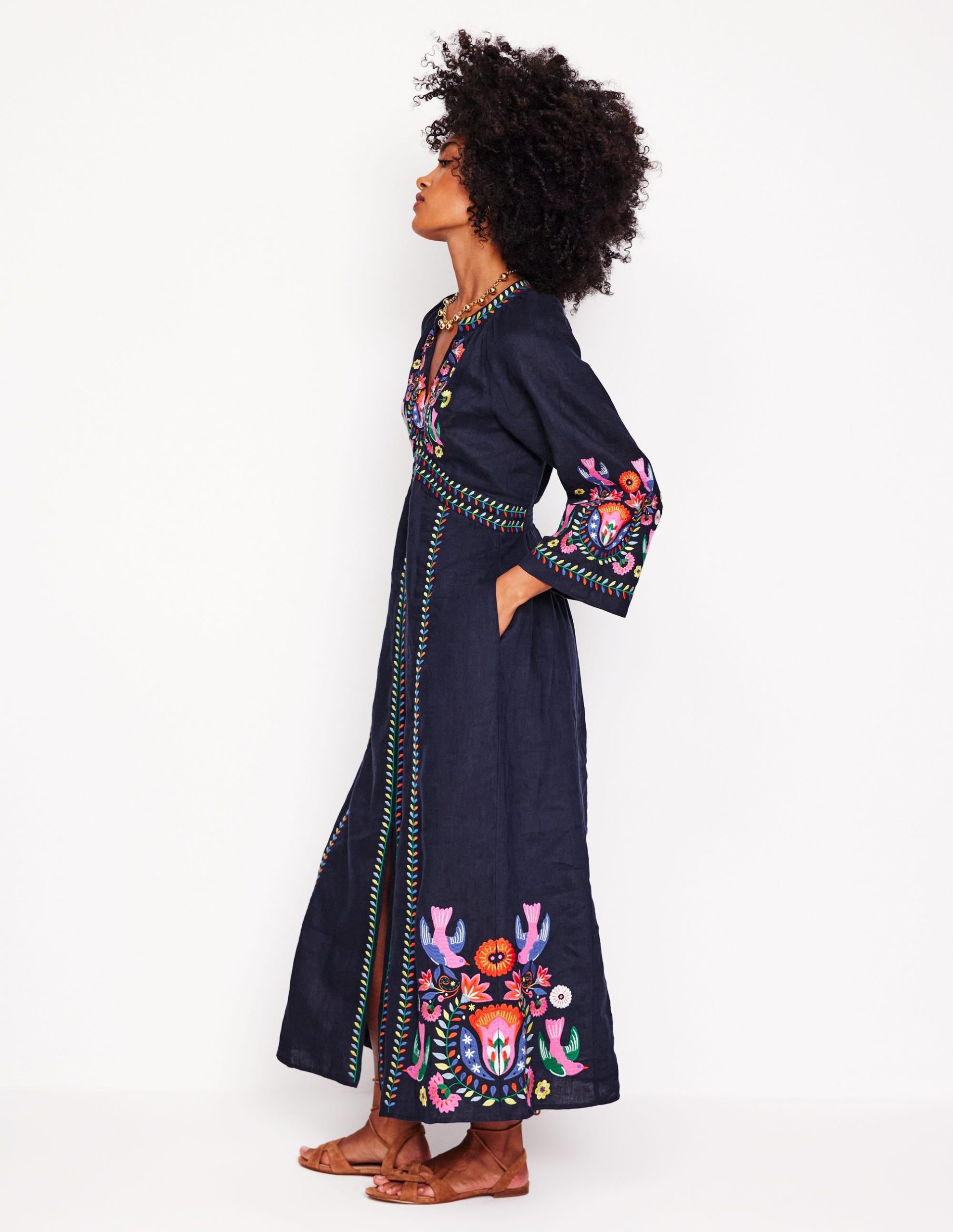Una Linen Embroidered Dress-Navy. Multi Embroidery - Image 3