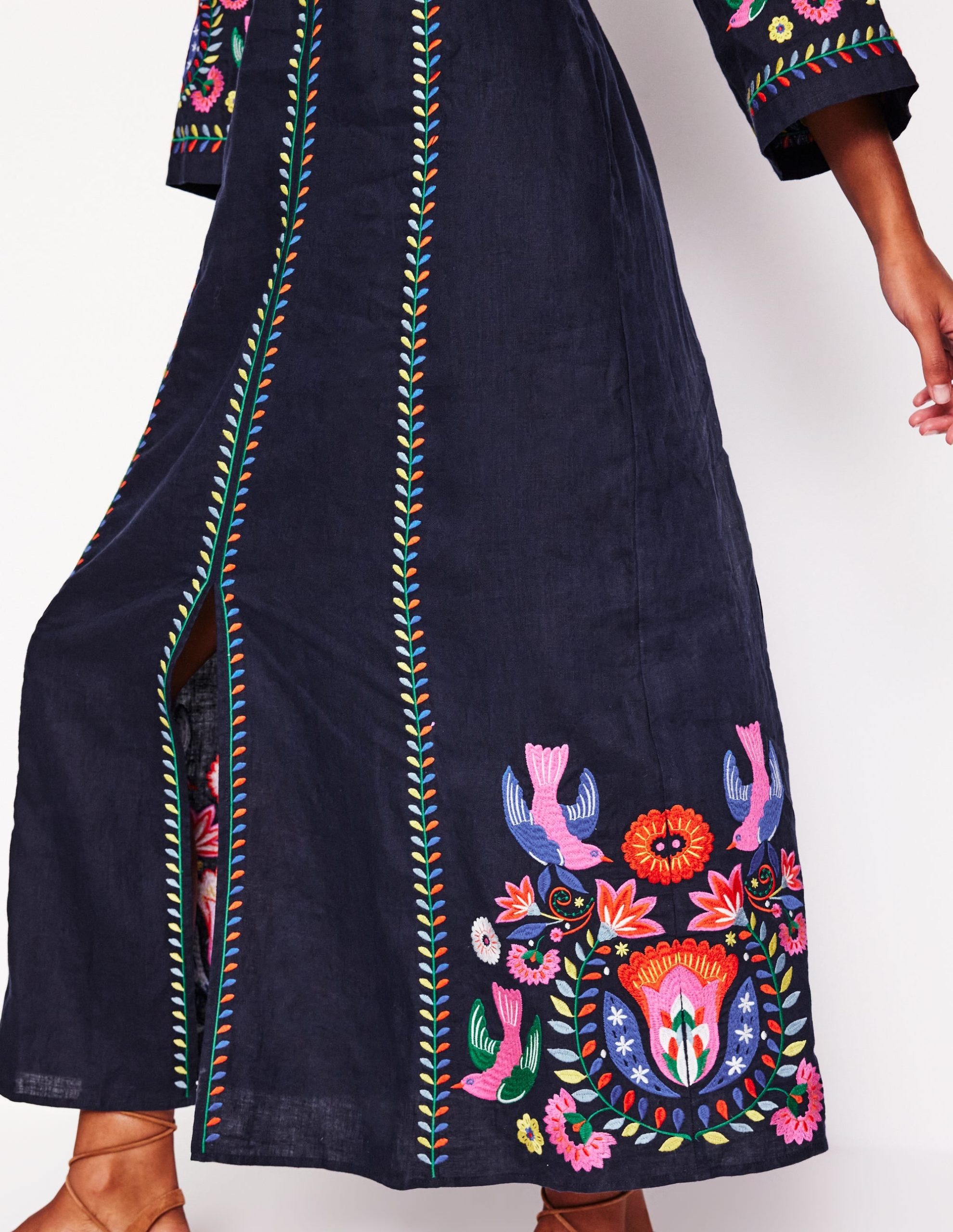 Una Linen Embroidered Dress-Navy. Multi Embroidery - Image 4