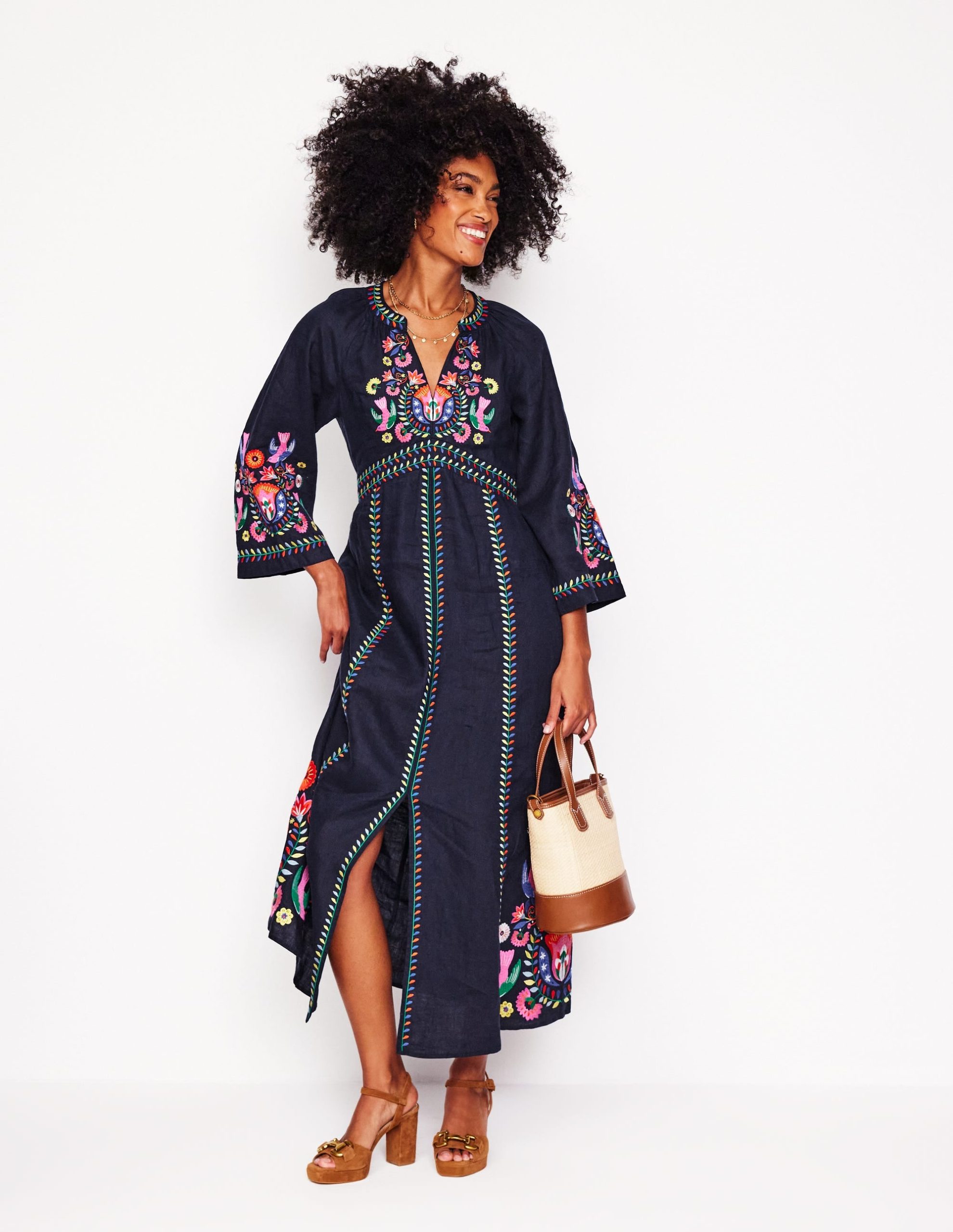 Una Linen Embroidered Dress-Navy. Multi Embroidery - Image 5