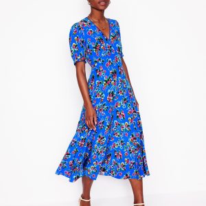 Rosie Godet Tea Dress-Gallery Blue. Abstract Posy
