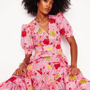 Bella Puff Sleeve Maxi Dress-Salmon Pink. Carnation Vine