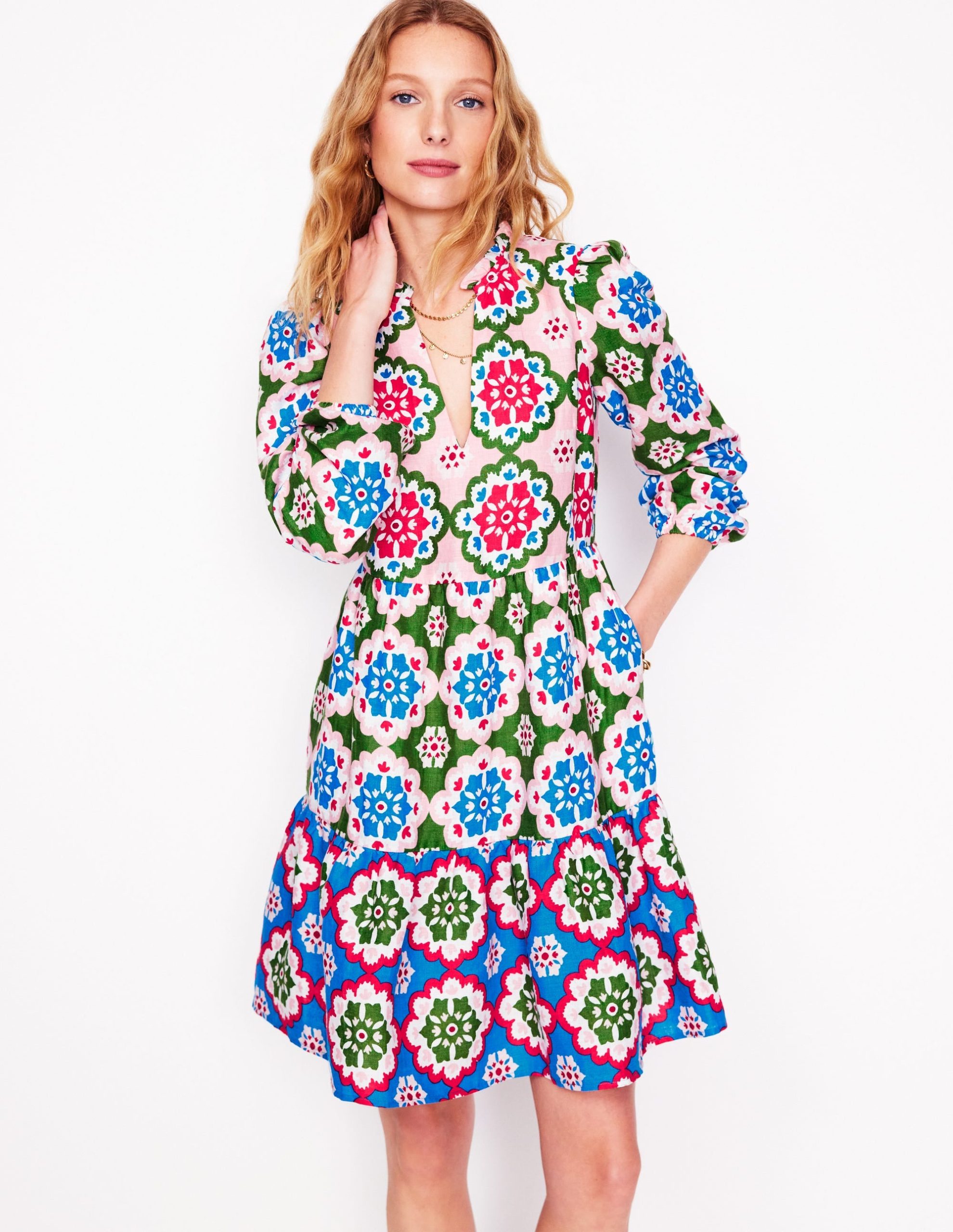 Esme Linen Mini Dress-Multi. Bloom Geo