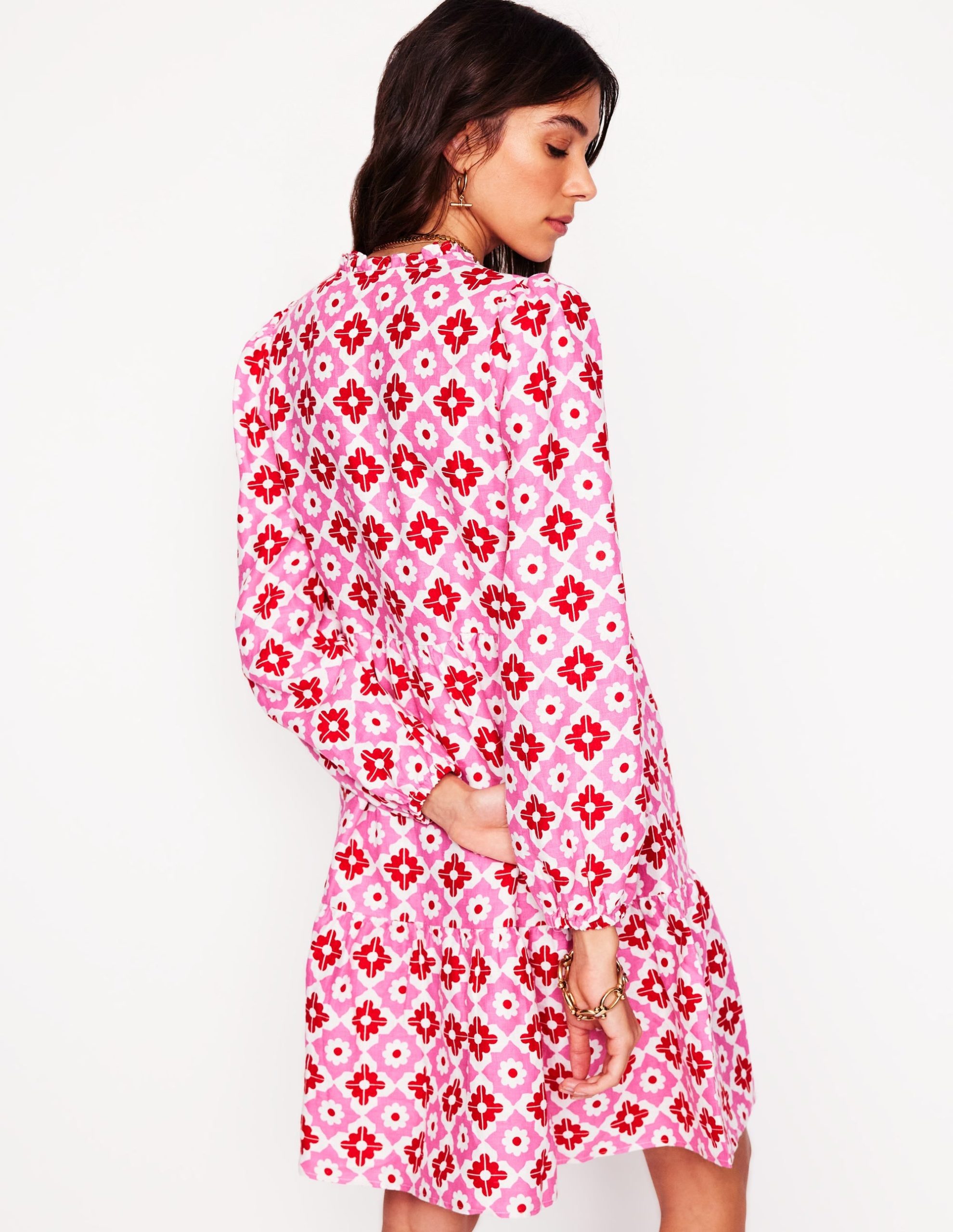 Esme Linen Mini Dress-Pink Power. Geometric Stamp - Image 3