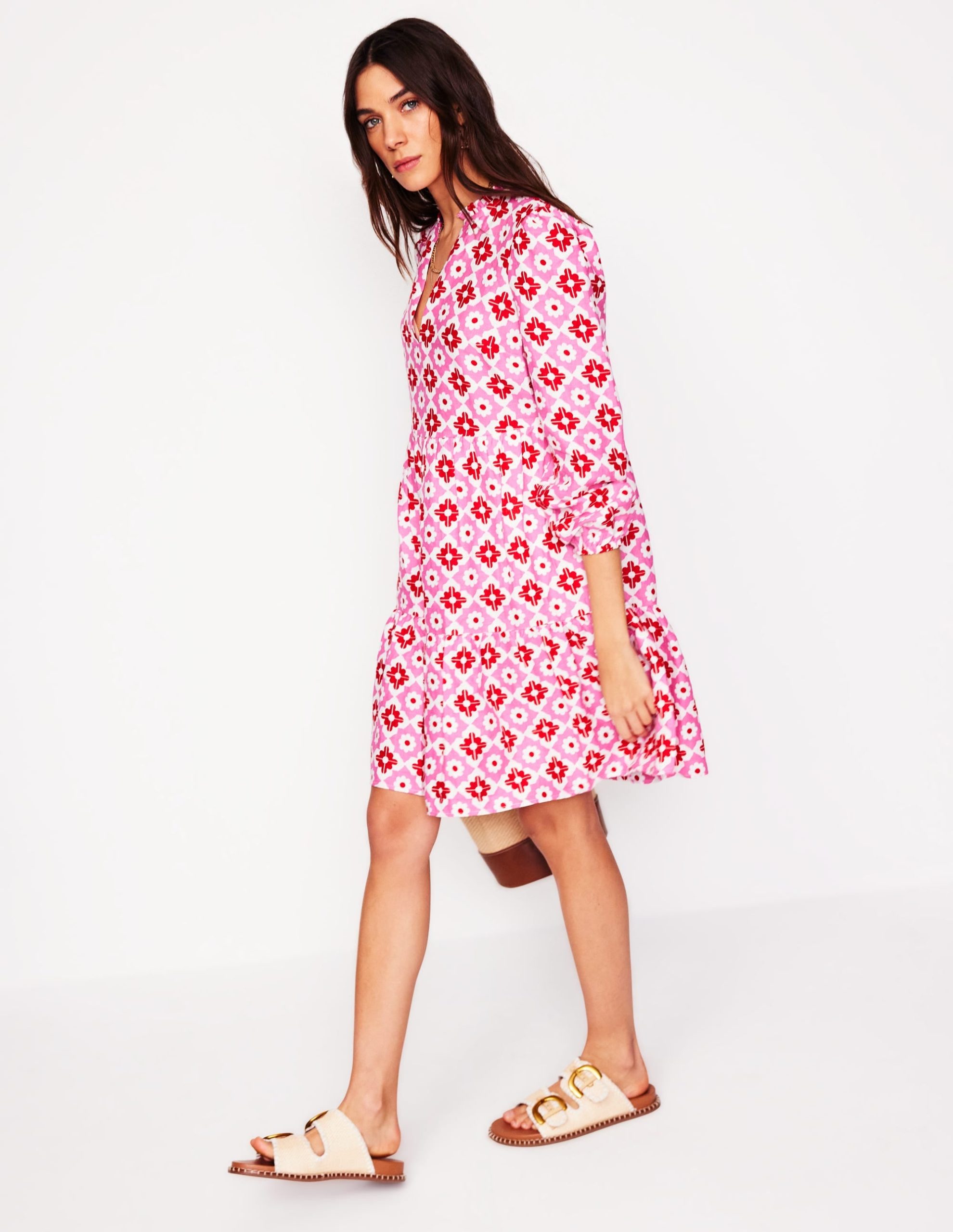 Esme Linen Mini Dress-Pink Power. Geometric Stamp - Image 4