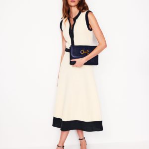 Crochet Trim Knitted Dress-Ivory. Navy