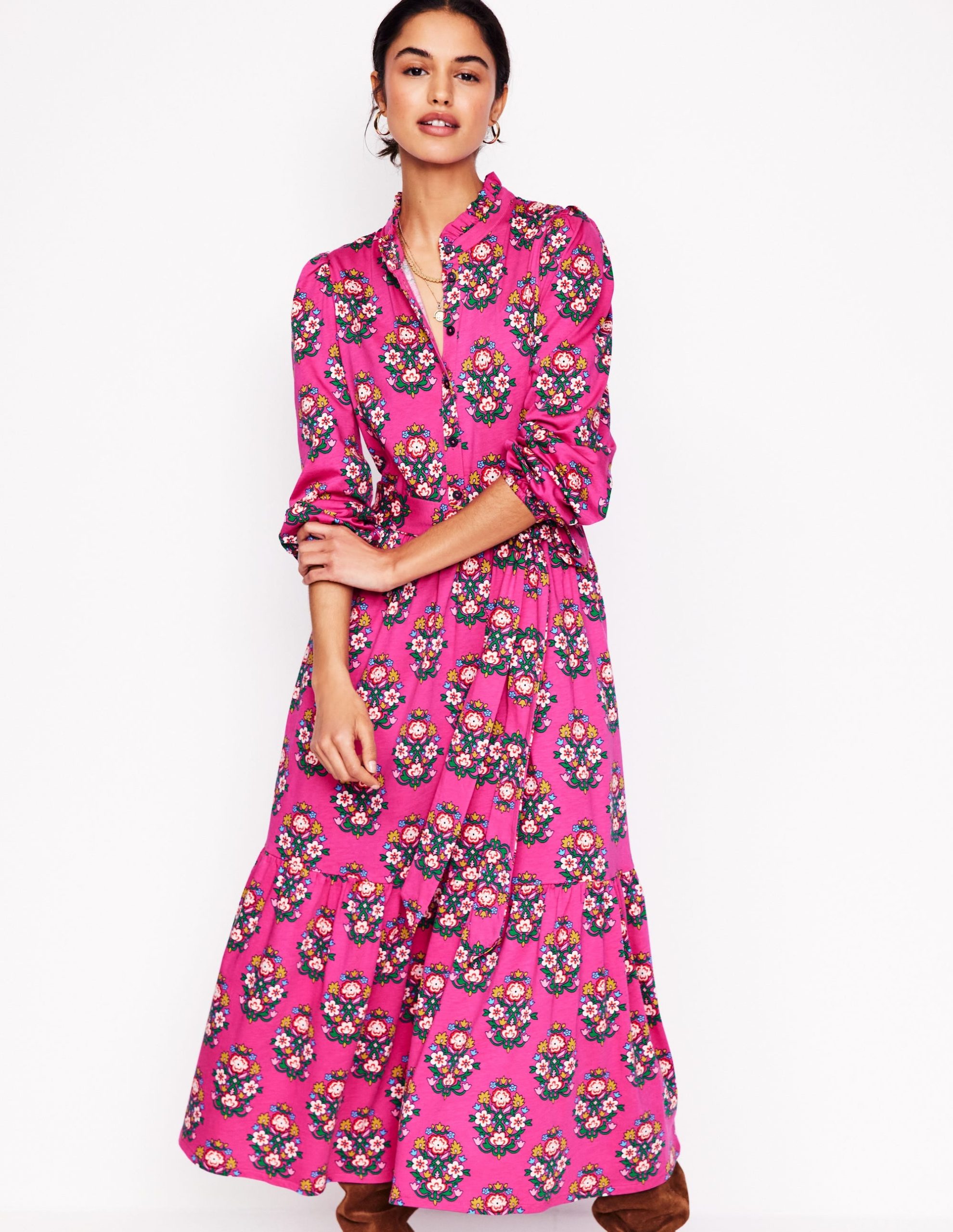 Willow Tiered Jersey Dress-Cosmos Pink. Wildflower Stamp