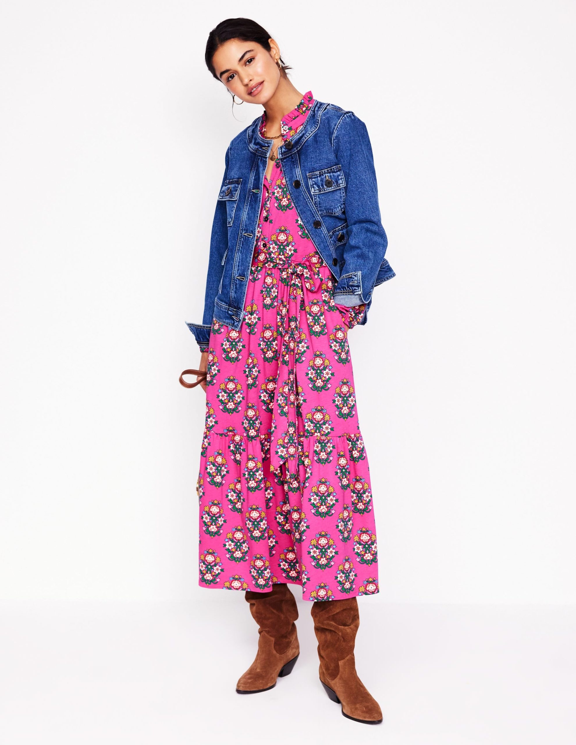 Willow Tiered Jersey Dress-Cosmos Pink. Wildflower Stamp - Image 5