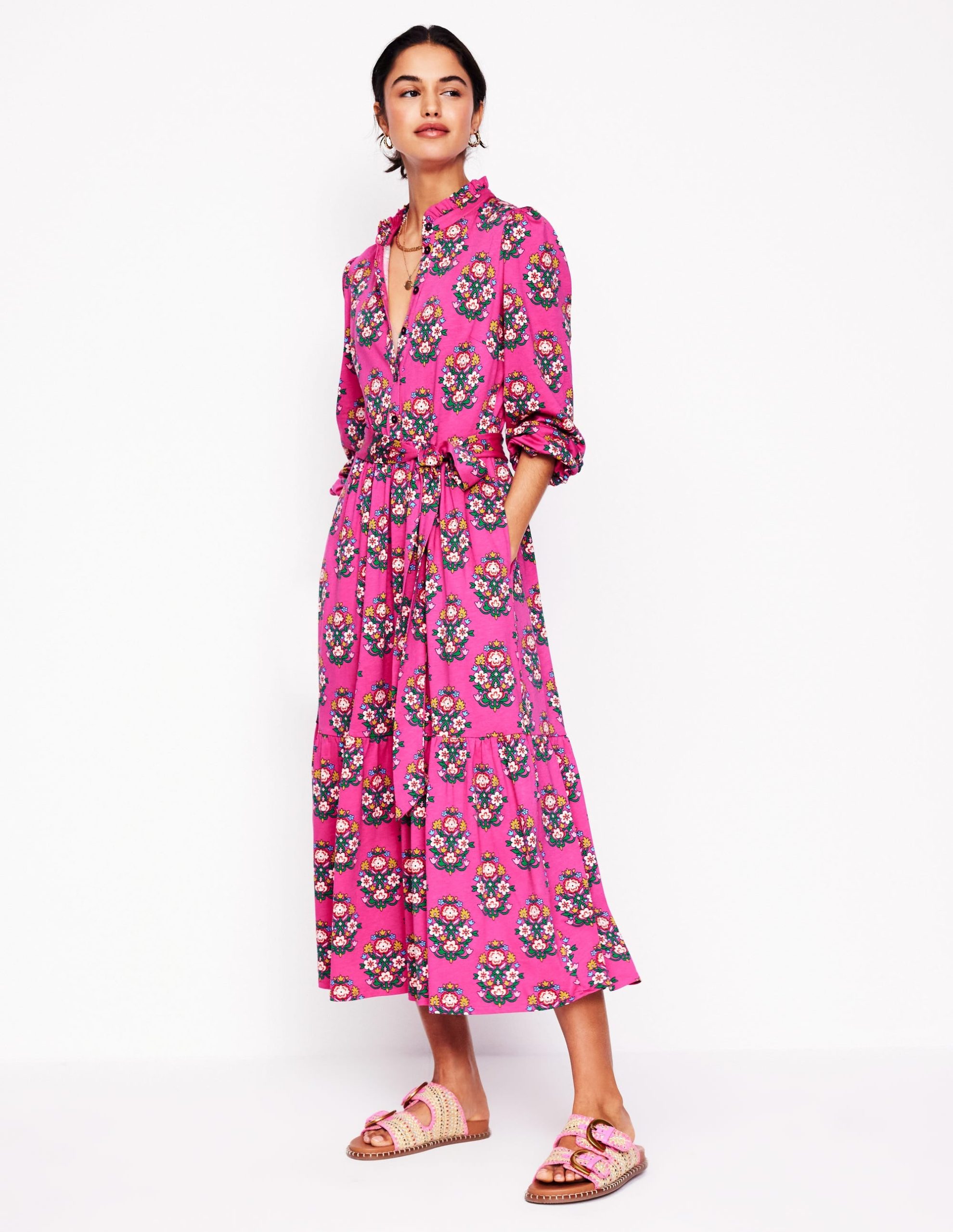 Willow Tiered Jersey Dress-Cosmos Pink. Wildflower Stamp - Image 7