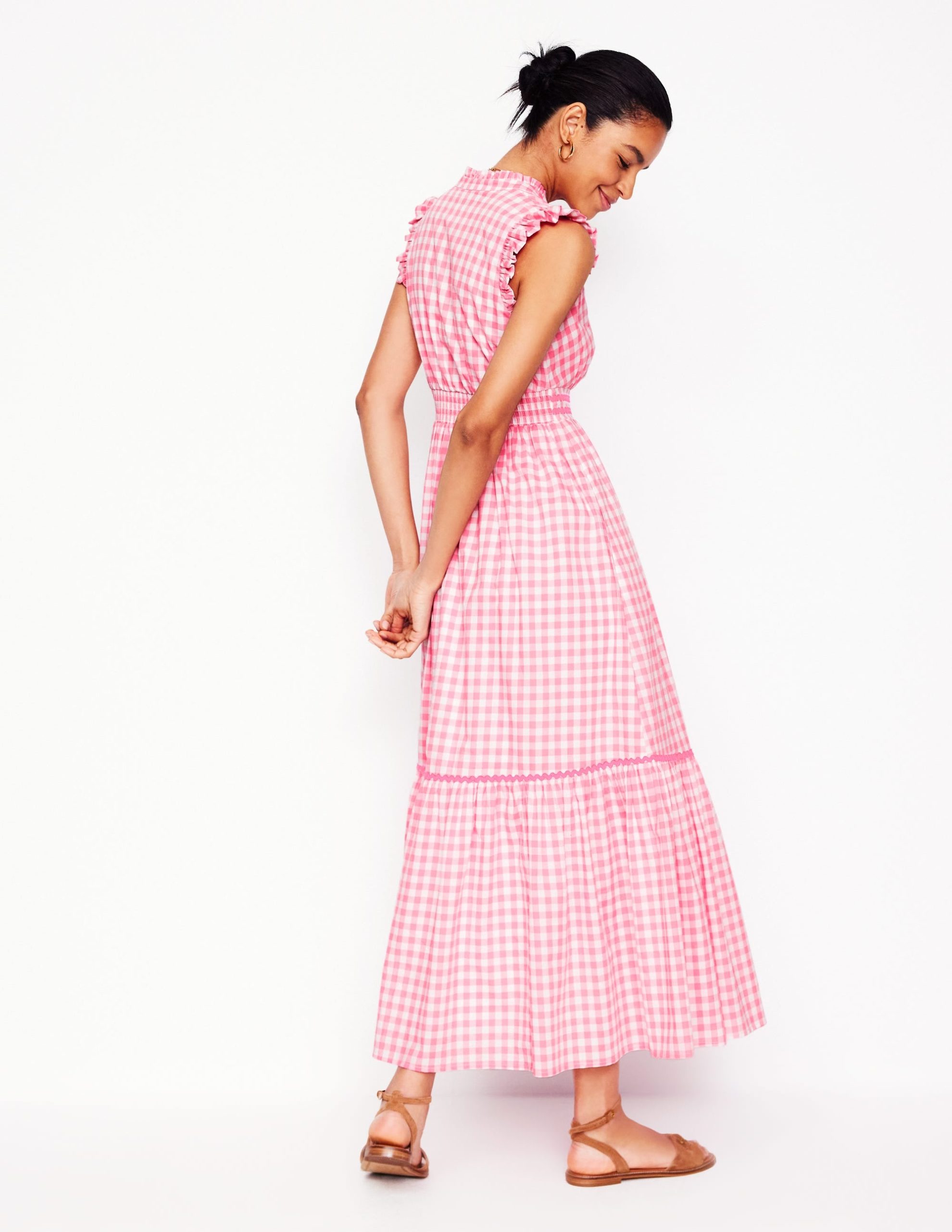Wren Tiered Midi Dress-Salmon Pink Gingham - Image 3
