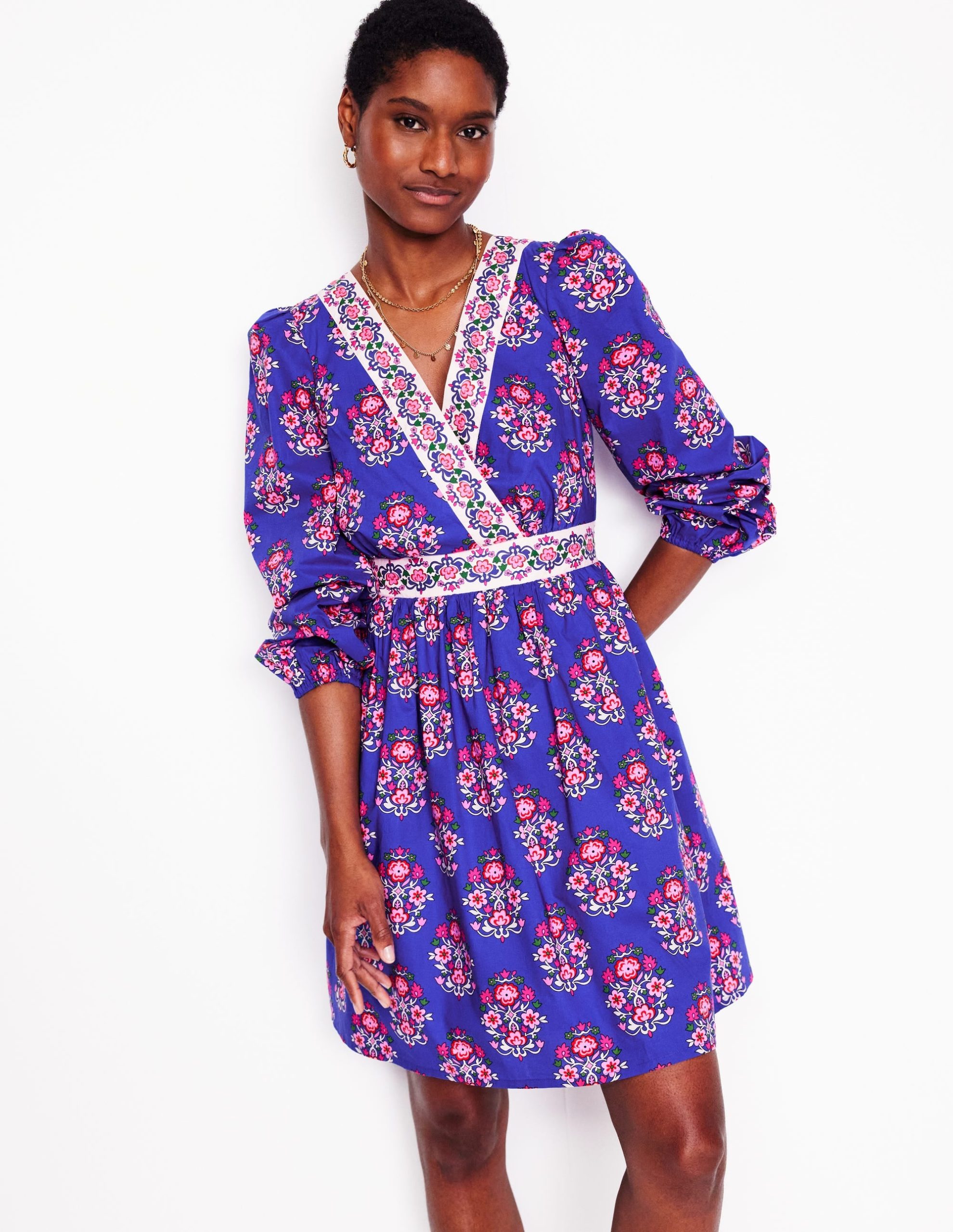 Mya Cotton Short Dress-Bright Blue. Wildflower Stamp - Image 3