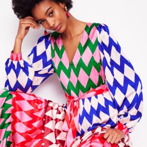 V-Neck Tiered Dress-Multi. Diamond Stripe