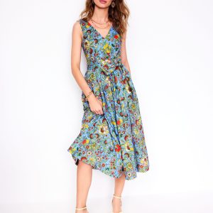 V-Neck Belted Flare Dress-Multi. Citrus Vine